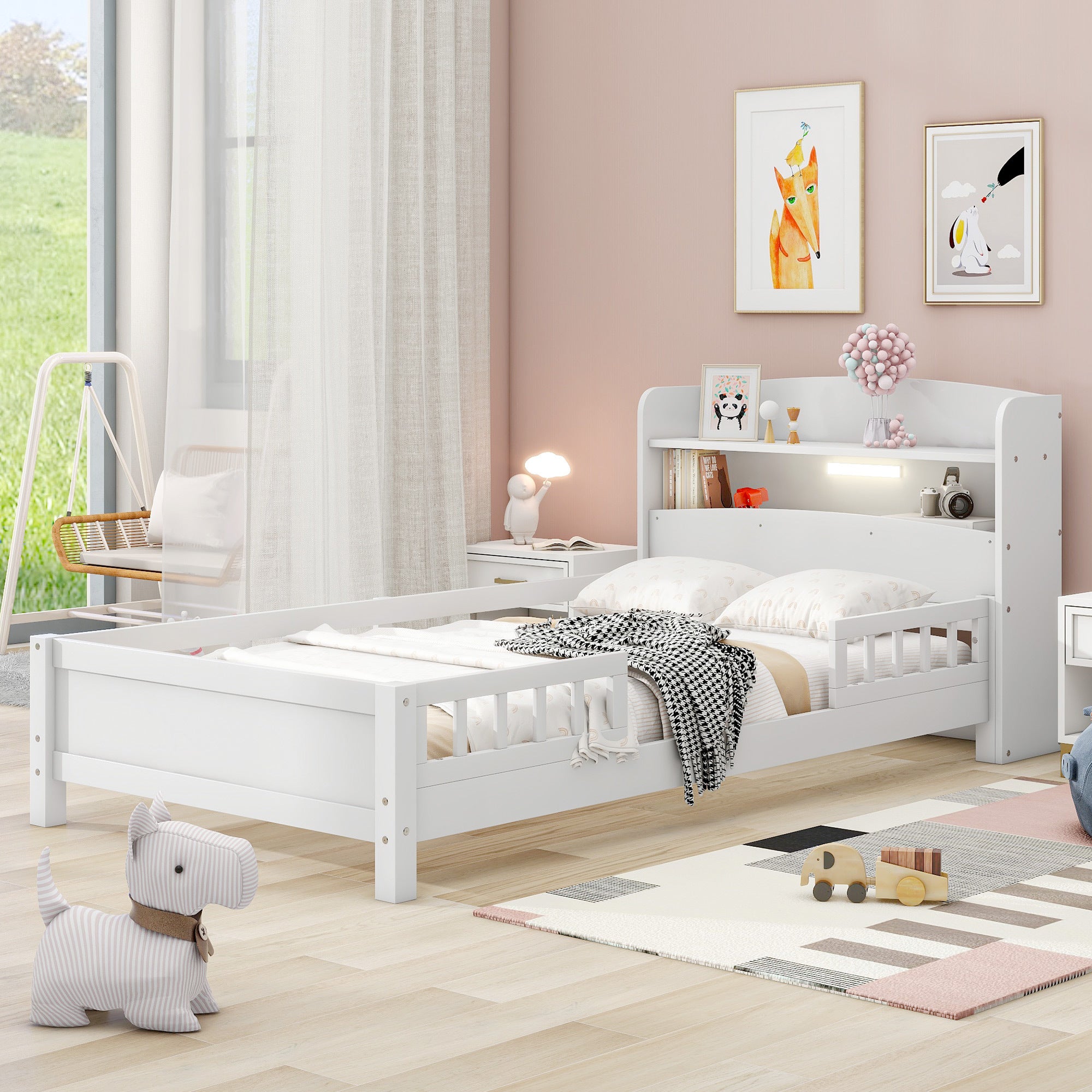 HAOYYE Wood Twin Size Platform Bed with Built-in LED Light, Storage Headboard and Guardrail, White Sturdy Space-Saving Heavy Duty Modern Design Adults Dorm Room Easy Assembly Bedroom Furniture