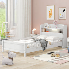 HAOYYE Wood Twin Size Platform Bed with Built-in LED Light, Storage Headboard and Guardrail, White Sturdy Space-Saving Heavy Duty Modern Design Adults Dorm Room Easy Assembly Bedroom Furniture