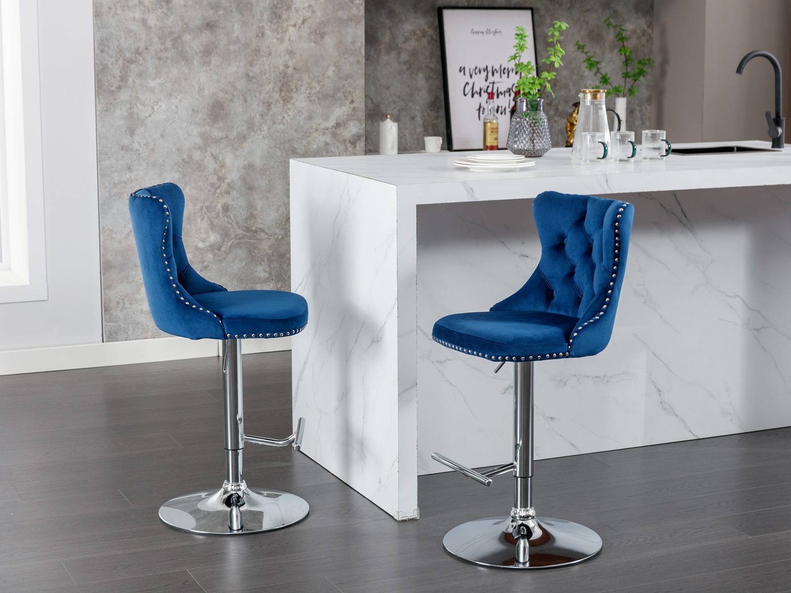 HAOYYE Swivel Velvet Barstools with Adjustable Seat Height, Modern Upholstered Bar Stools with Chrome Base and Comfortable Tufted Back for Kitchen Island and Home Pub, Set of Two, Blue