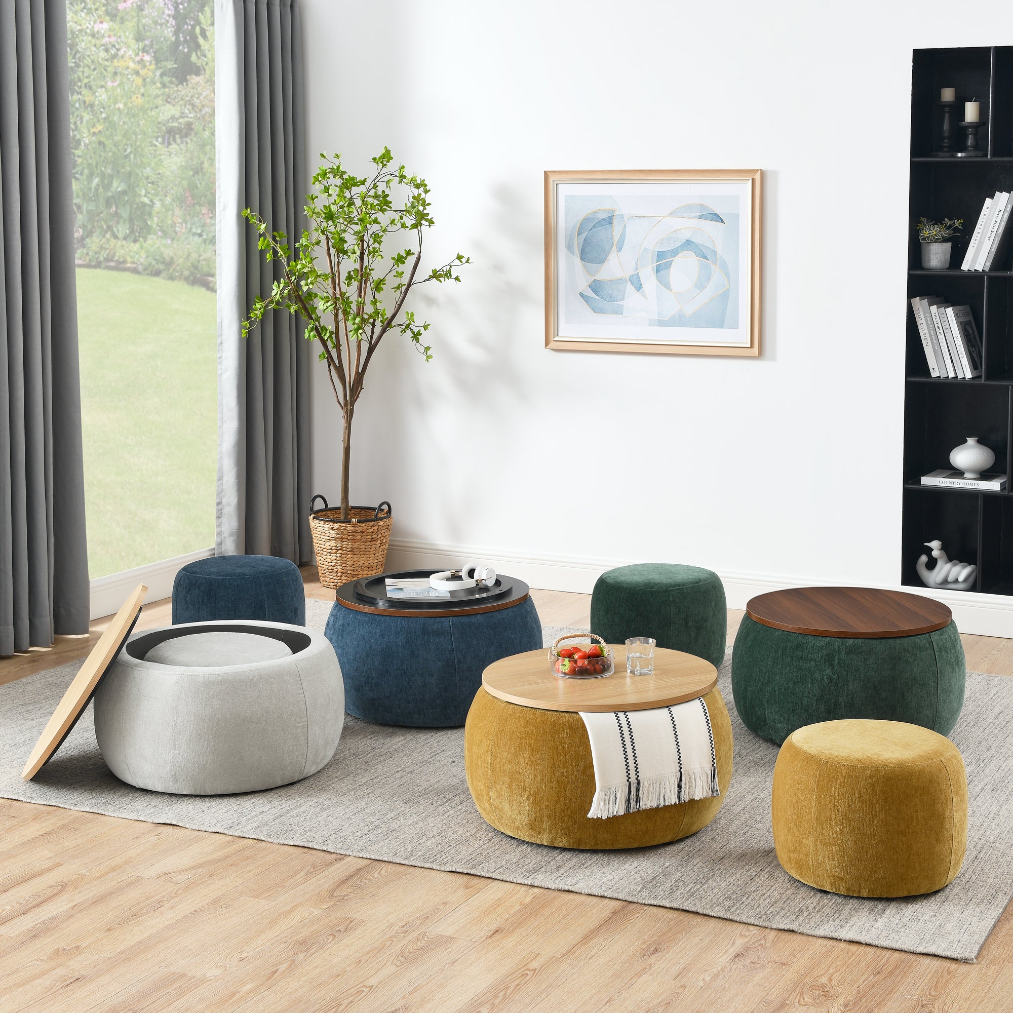 HAOYYE Round Storage Ottoman, 2-in-1 Functional Design as End Table and Ottoman, Includes Small Seat, Dark Yellow, Modern Space-Saving Accent Furniture for Living Room, Bedroom, or Office, Sturdy and Heavy-Duty, Easy Assembly