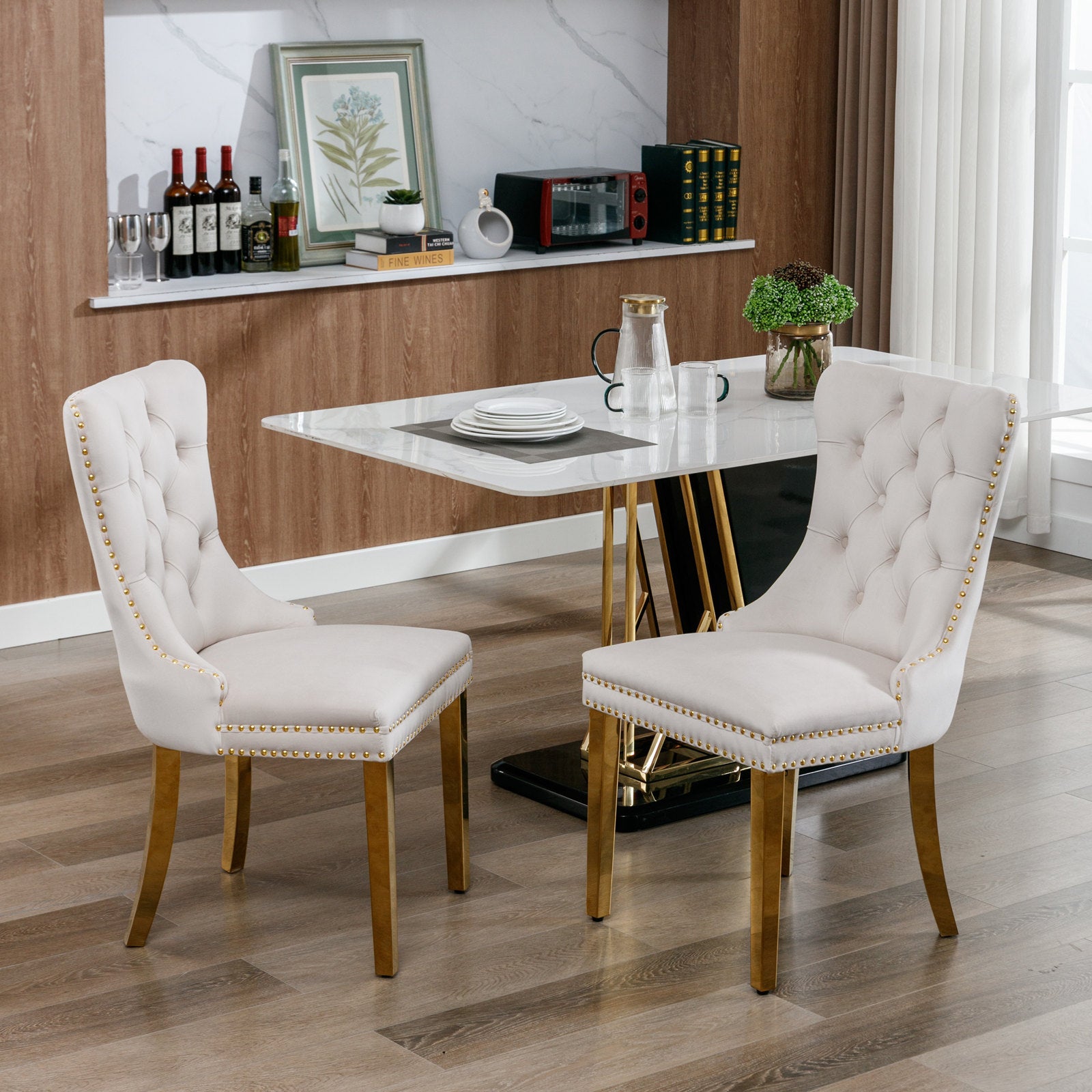 HAOYYE High-end Tufted Solid Wood Contemporary Velvet Upholstered Dining Chair with Golden Stainless Steel Plating Legs,Nailhead Trim,Set of 2,Beige and Gold, SW1601BG