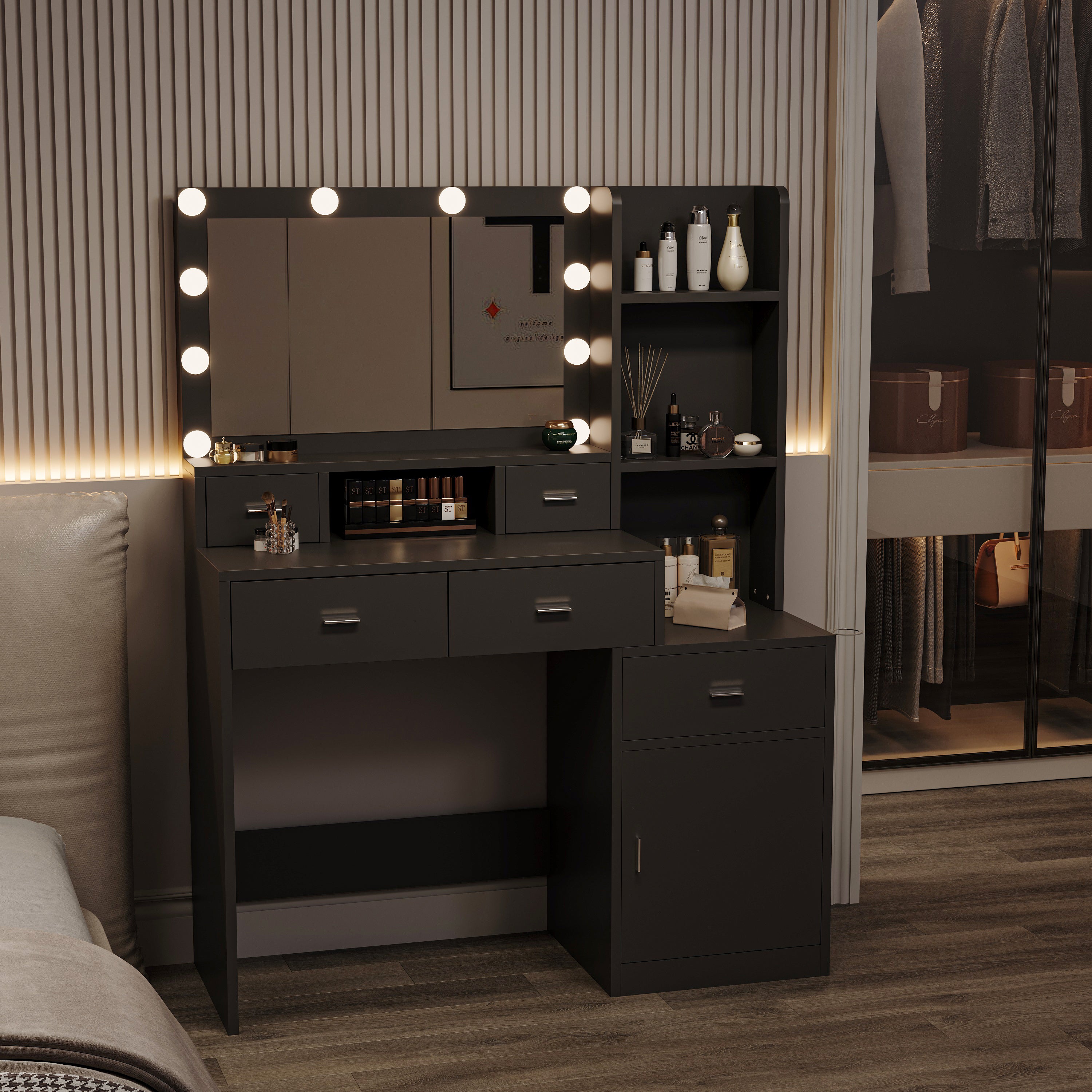 HAOYYE Smart Mirror Dressing Table with Drawers and Storage Cabinet, Modern Vanity Table with Soft Dressing Pad for Bedroom, Sturdy Space-Saving Heavy Duty Construction, Ideal for Adults