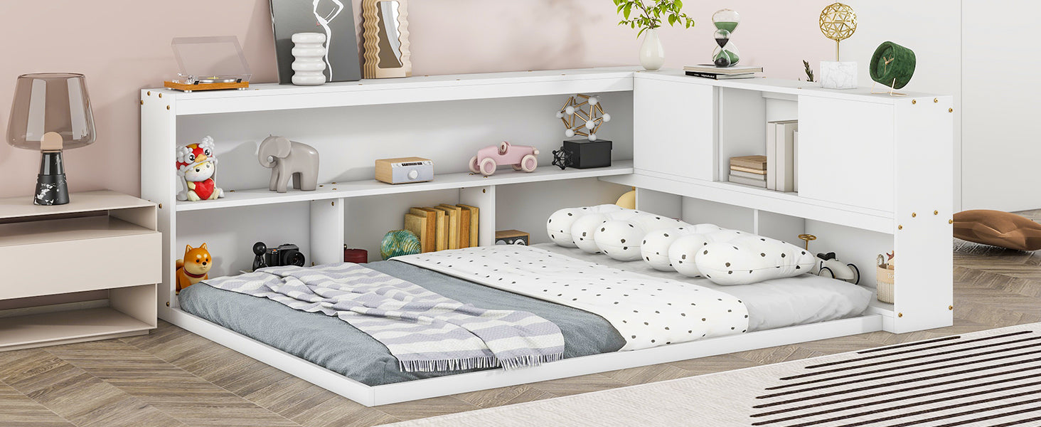 HAOYYE Full Floor Bed with L-shaped Bookcases, sliding doors,without slats,White Sturdy Space-Saving Heavy Duty Modern Design Easy Assembly Durable Stylish Home Furniture Versatile