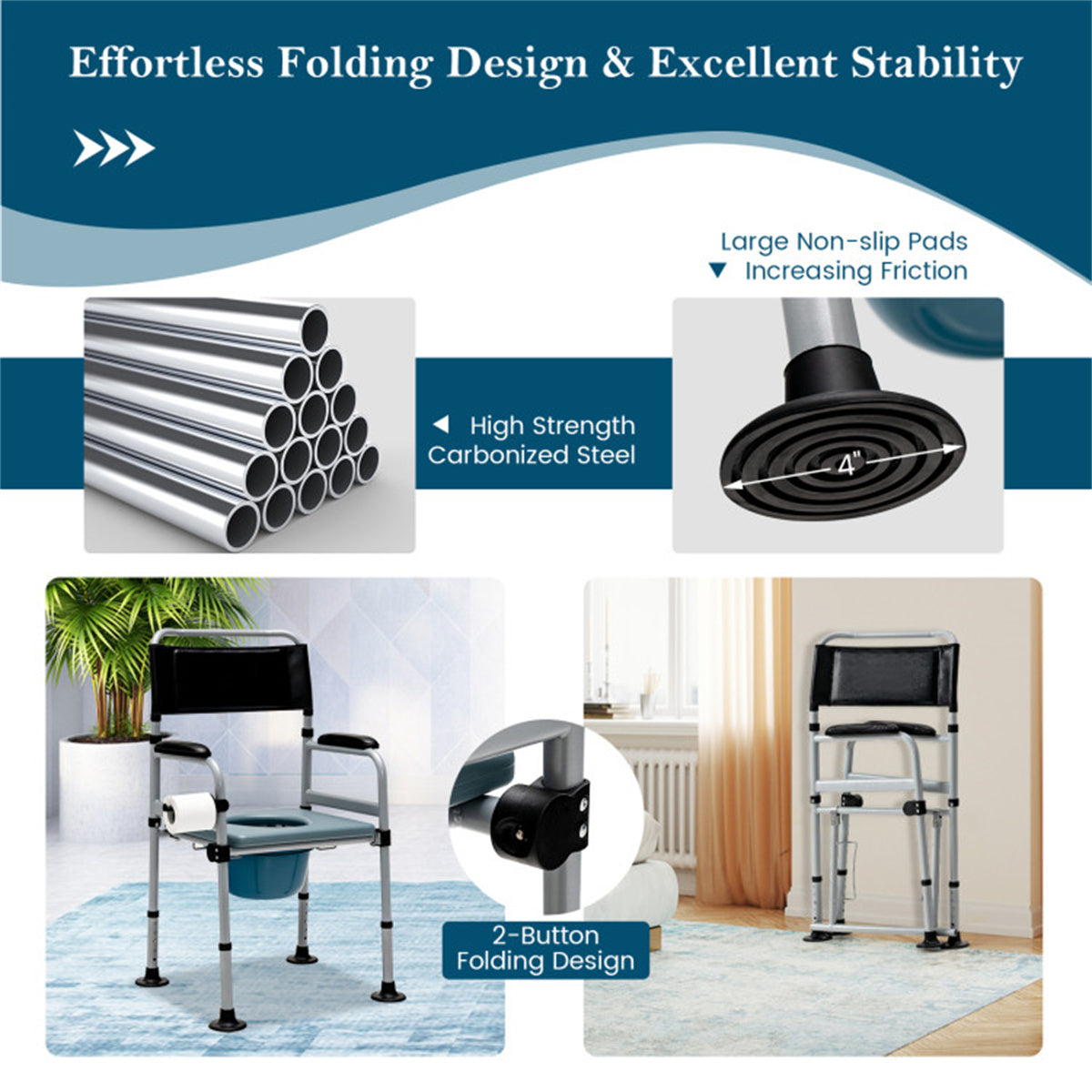 HAOYYE Black Shower Toilet Chair with Detachable Bucket, Portable Waterproof Commode Chair for Elderly and Disabled, Lightweight Aluminum Frame, Comfortable Padded Seat and Backrest, Adjustable Height, Lockable Wheels for Indoor and Outdoor Use