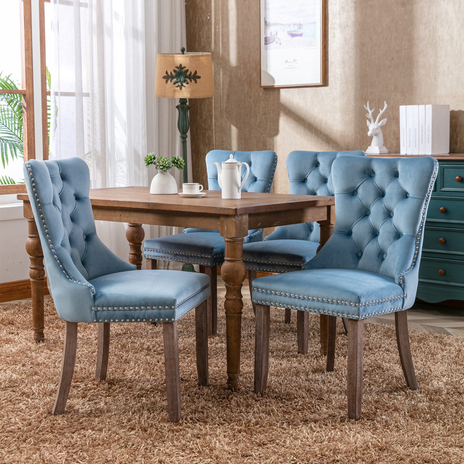 HAOYYE High-end Tufted Solid Wood Contemporary Velvet Upholstered Dining Chair with Wood Legs Nailhead Trim 2-Pcs Set,Light Blue, SW2001LB Sturdy Space-Saving Heavy Duty Durable