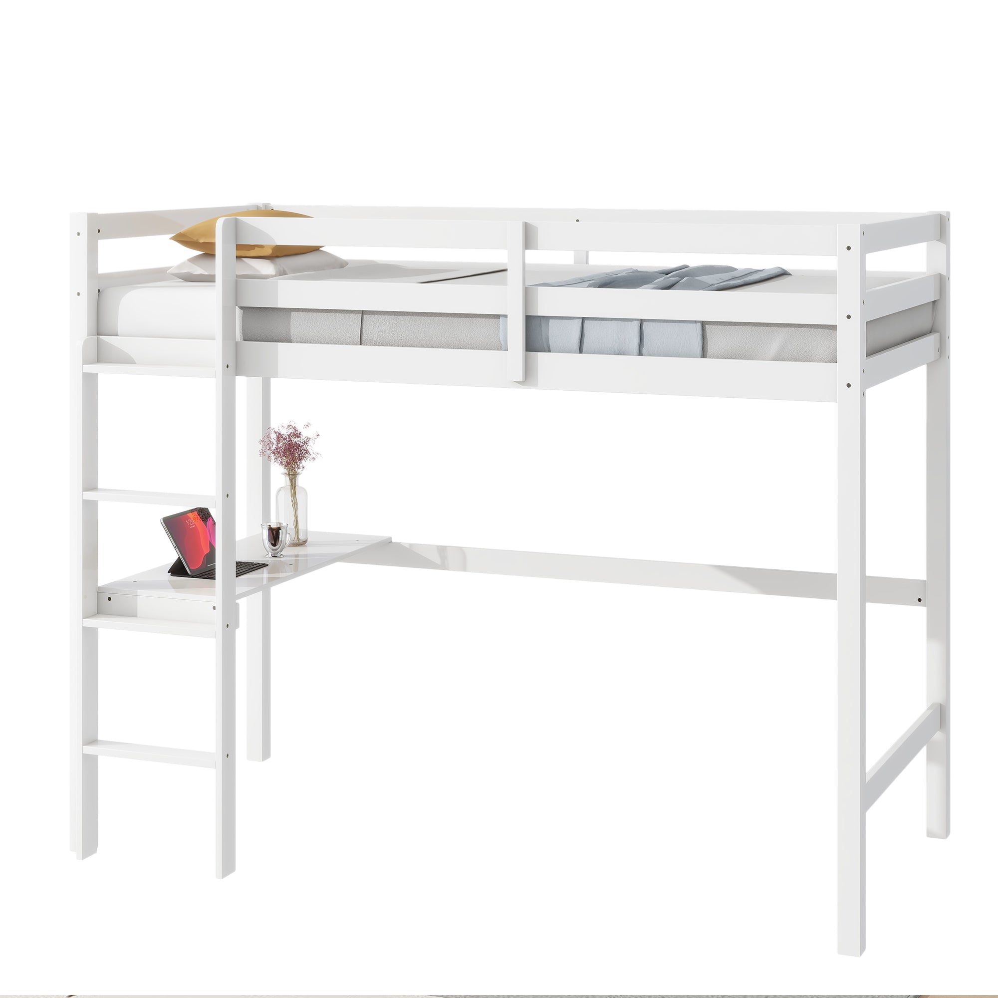 HAOYYE Twin High Loft Bed, Rubber Wood Loft Bed with Safety Guardrail, built-in desk, ladder,White Sturdy Space-Saving Heavy Duty Modern Design Adults Dorm Room Easy Assembly Bedroom Furniture