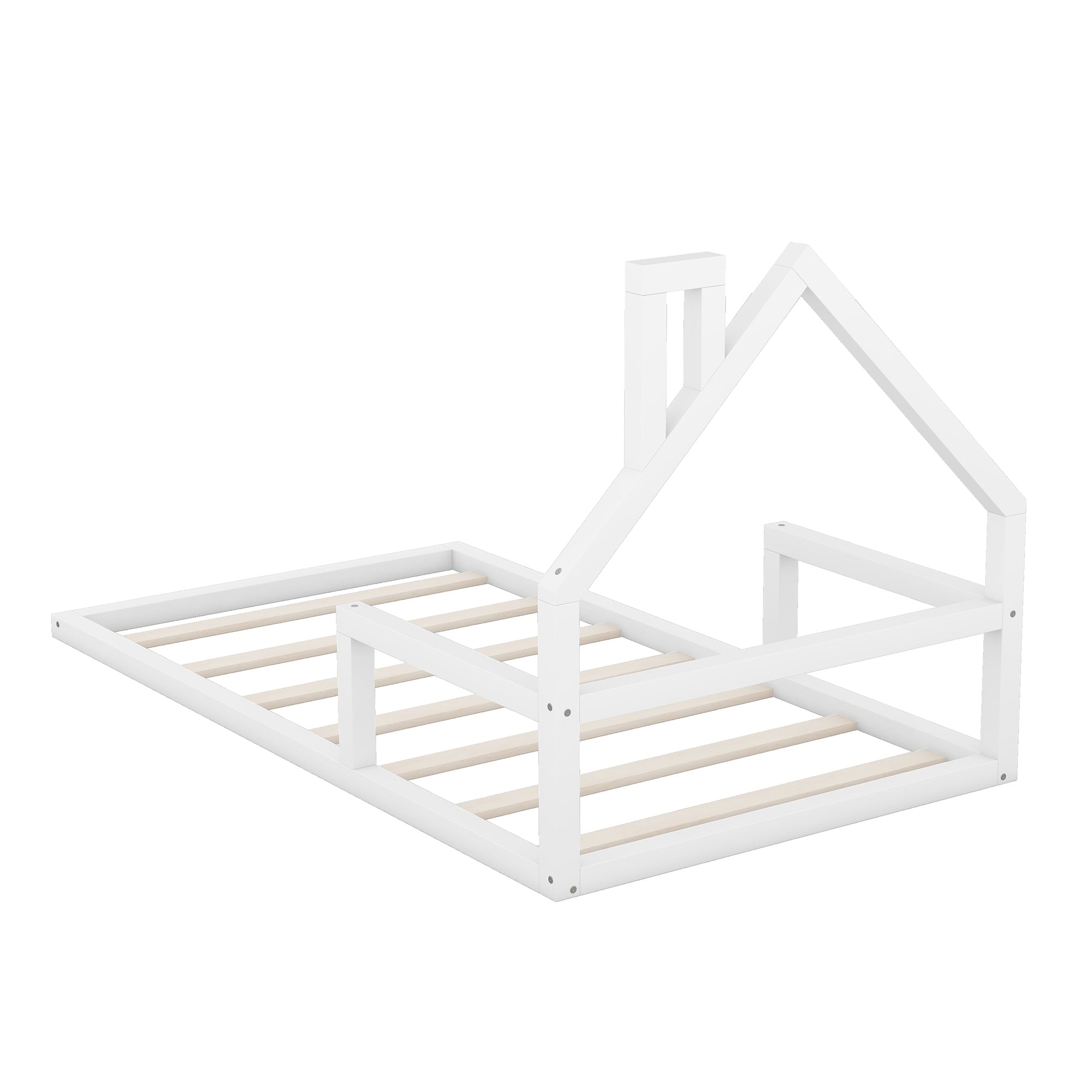 HAOYYE Twin Size Wood Floor Bed with House-shaped Headboard, White Sturdy Space-Saving Heavy Duty Modern Design Adults Dorm Room Easy Assembly Bedroom Furniture
