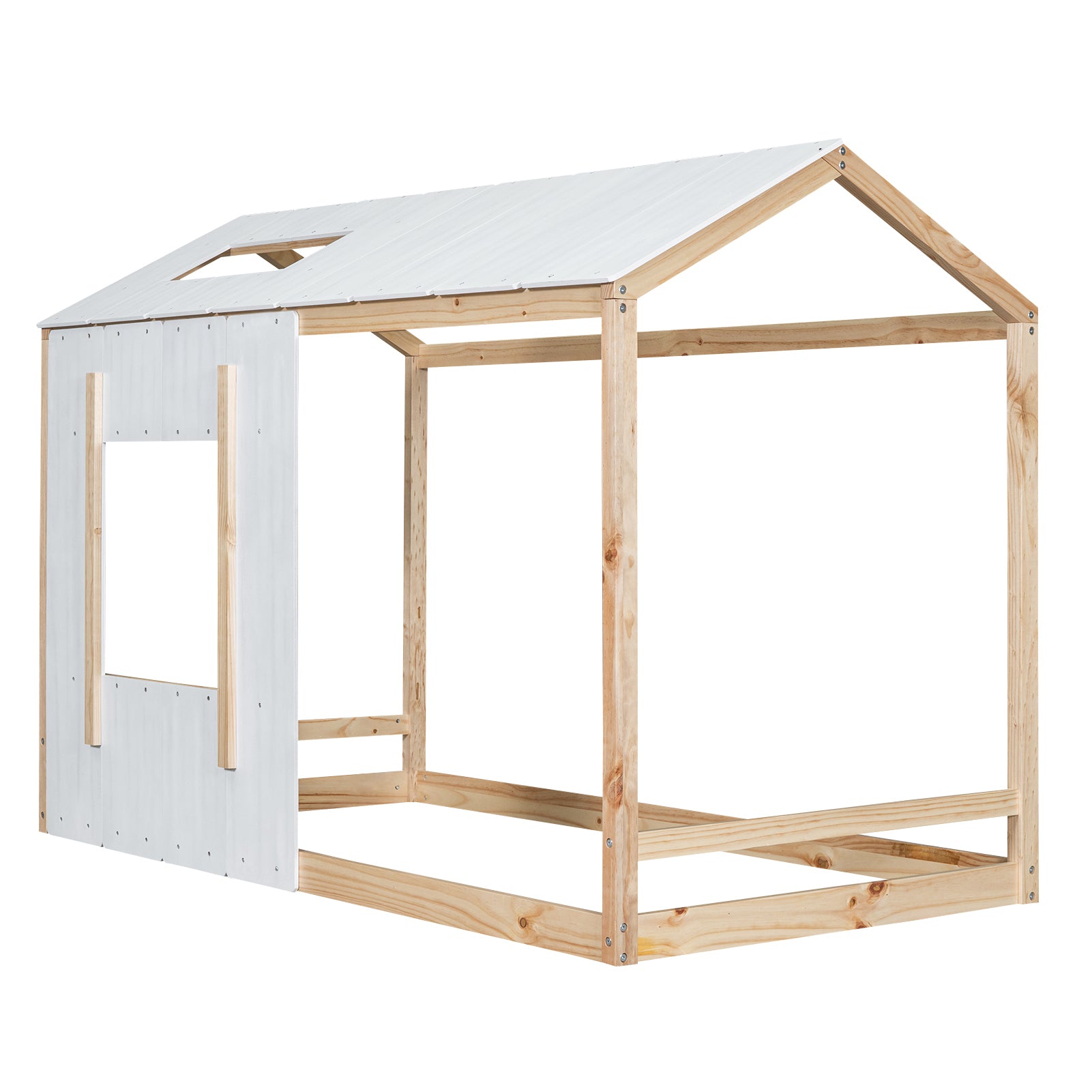 HAOYYE Twin Size House Platform with Roof and Window , White+Natural Sturdy Space-Saving Heavy Duty Modern Design Easy Assembly Durable Stylish Home Furniture Versatile