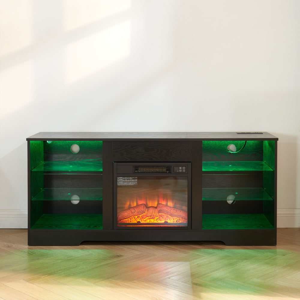 HAOYYE Modern TV Stand With Electric Fireplace, Glass Shelves, 3D Wood Design, LED Lights, And USB Charging Outlet – Entertainment Console Table For TVs From 32 To 62 Inch, Sturdy, Space-Saving Heavy Duty Media Center In Black