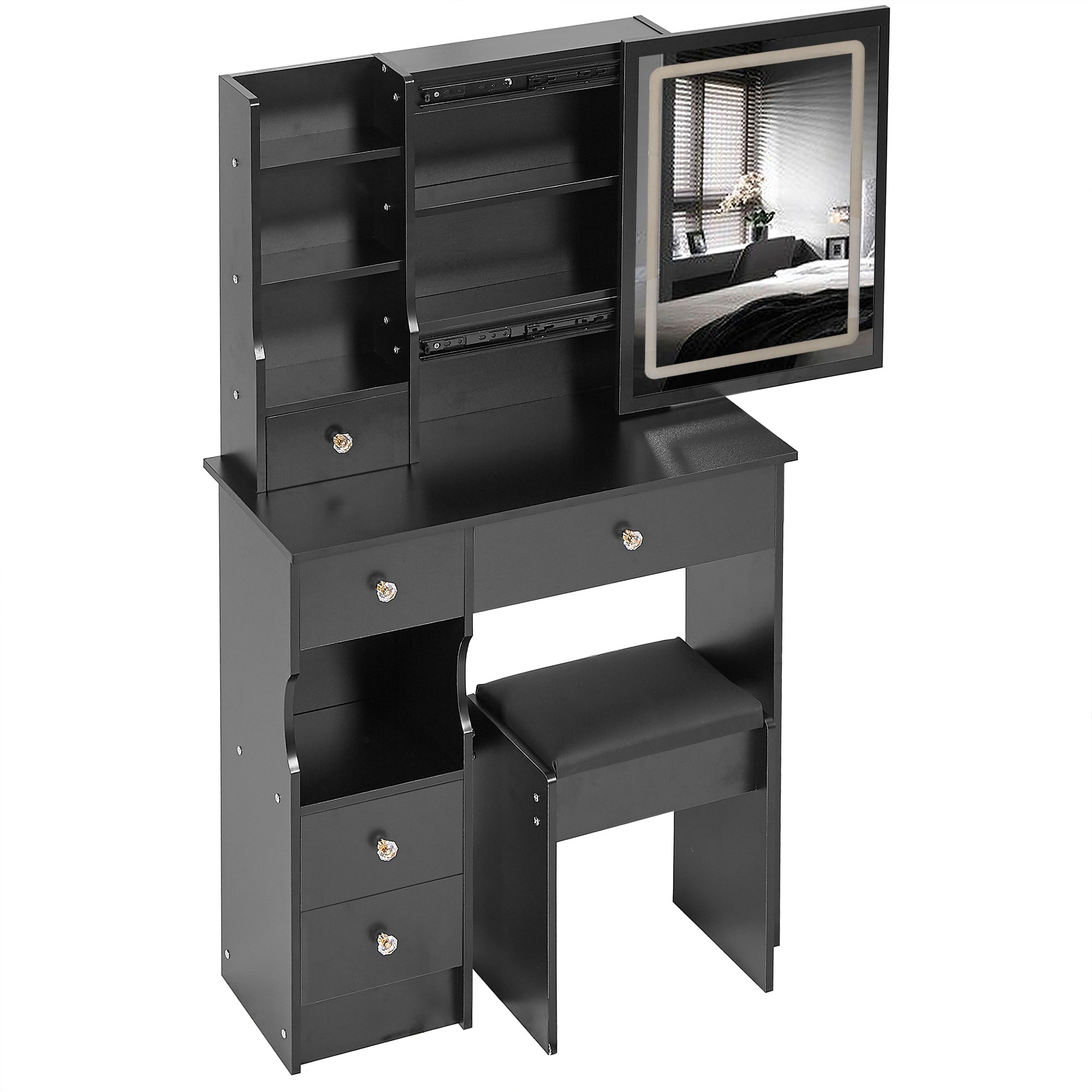 HAOYYE Small Size Left Drawer Desktop Vanity Table + Cushioned Stool, Touch Control Sliding LED Mirror, Tri-color Switching, Brightness Adjust, Multi Layer, Suitable for Small Space, EPA,GCC,UL Certificate