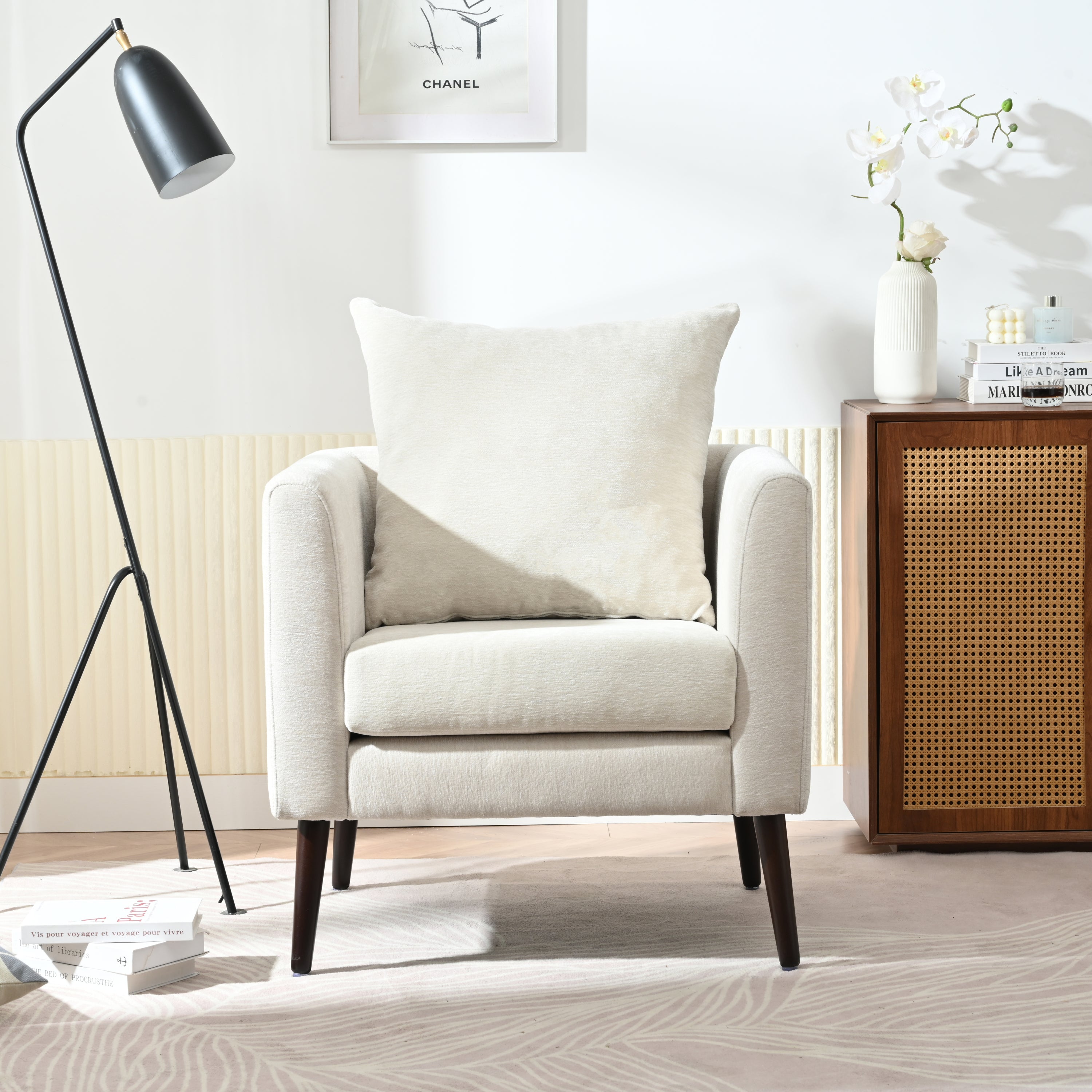 HAOYYE Barrel Chair, Chenille Accent Chair, Fabric Armchair Club Chair,Upholstered Arm Chair with Solid Wood Legs,Waist Pillow,Padded Single Chair for Living Room/Bedroom/Study/Waiting Room,Beige Sturdy