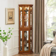 HAOYYE Corner Curio Cabinet with Lights, Adjustable Tempered Glass Shelves, Mirrored Back, Display Cabinet,Oak (E26 light bulb not included) Sturdy Space-Saving Heavy Duty Modern Design Adults Dorm Room