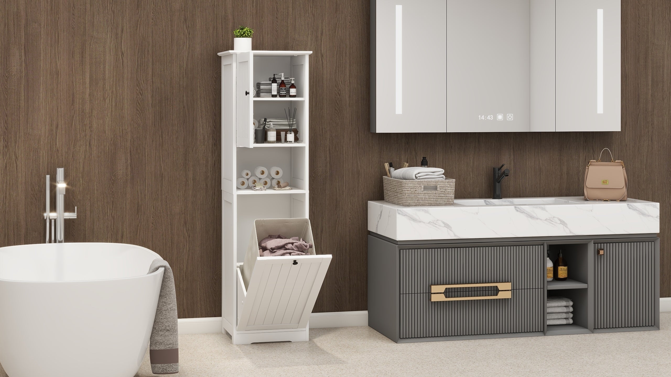 Haoyye One-Compartment Tilt-Out Laundry Sorter Cabinet, Modern Space-Saving Storage Unit with Removable Bag and Top Shelf, Sturdy MDF Construction with UV Finish, Stylish Organizer for Bathroom, Bedroom, or Laundry Room, Easy Assembly