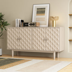 HAOYYE Modern 4-door Sideboard with Convex Pattern Doors and 2 Silver Handle for Living Room, Dining Room, Kitchen (Almond) Sturdy Space-Saving Heavy Duty Modern Design Easy Assembly Durable Stylish