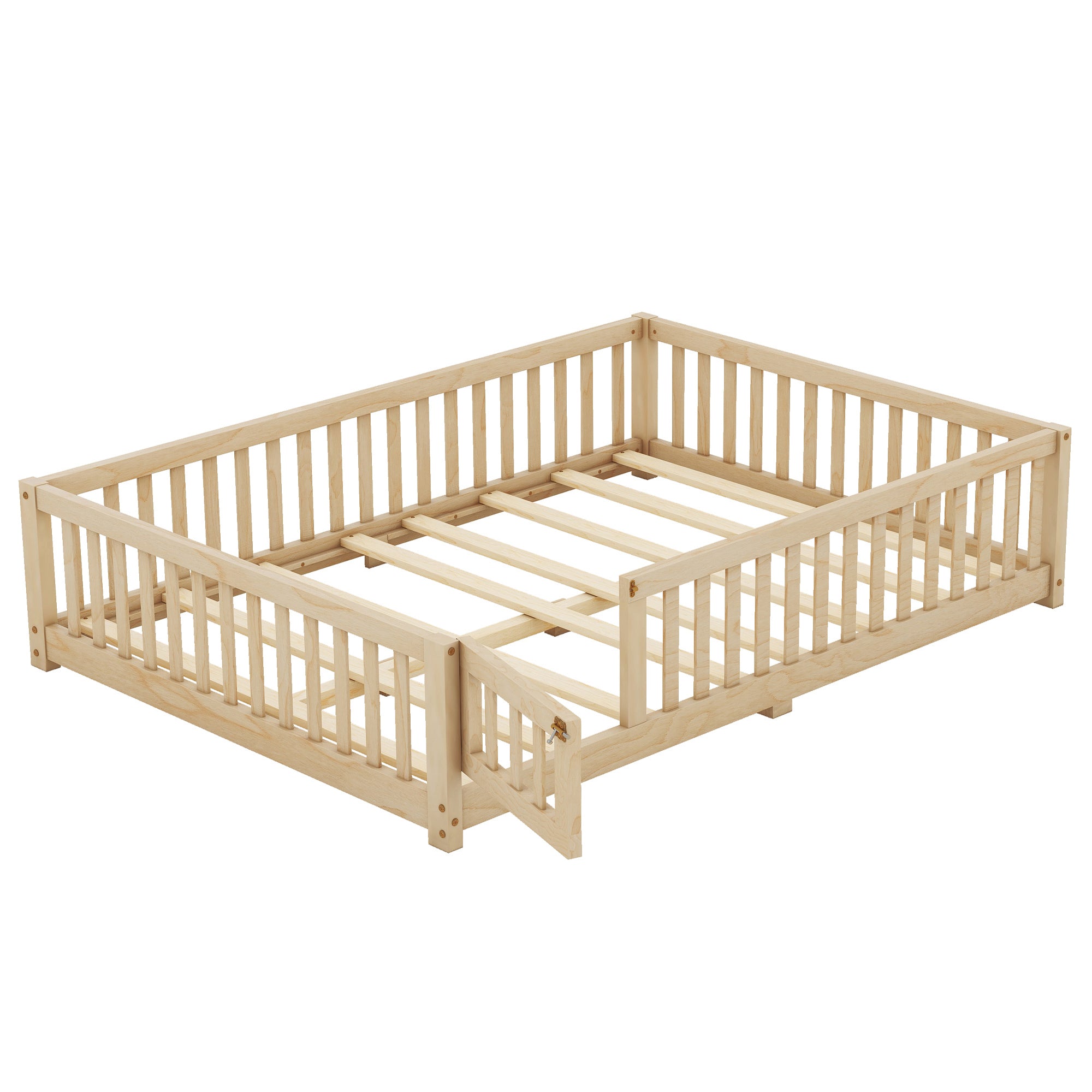 HAOYYE Full Size Bed Floor Bed with Safety Guardrails and Door for , Natural(Old SKU: W158090693) Sturdy Space-Saving Heavy Duty Modern Design Adults Dorm Room Easy Assembly Bedroom Furniture