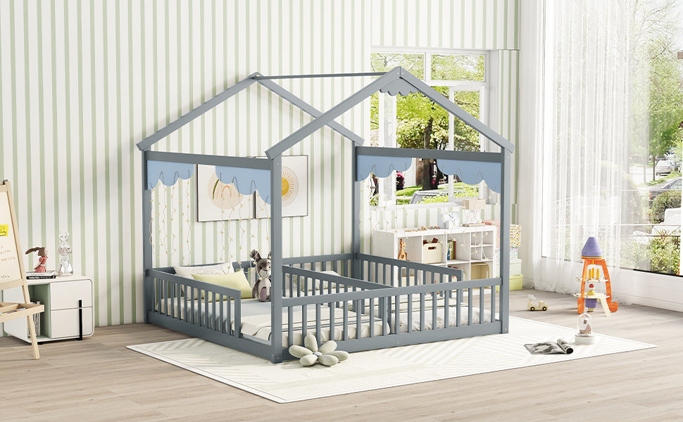 HAOYYE Double Twin House-Style Floor Bed with Fence, Guardrails, without door, Grey Sturdy Space-Saving Heavy Duty Modern Design Adults Dorm Room Easy Assembly Bedroom Furniture