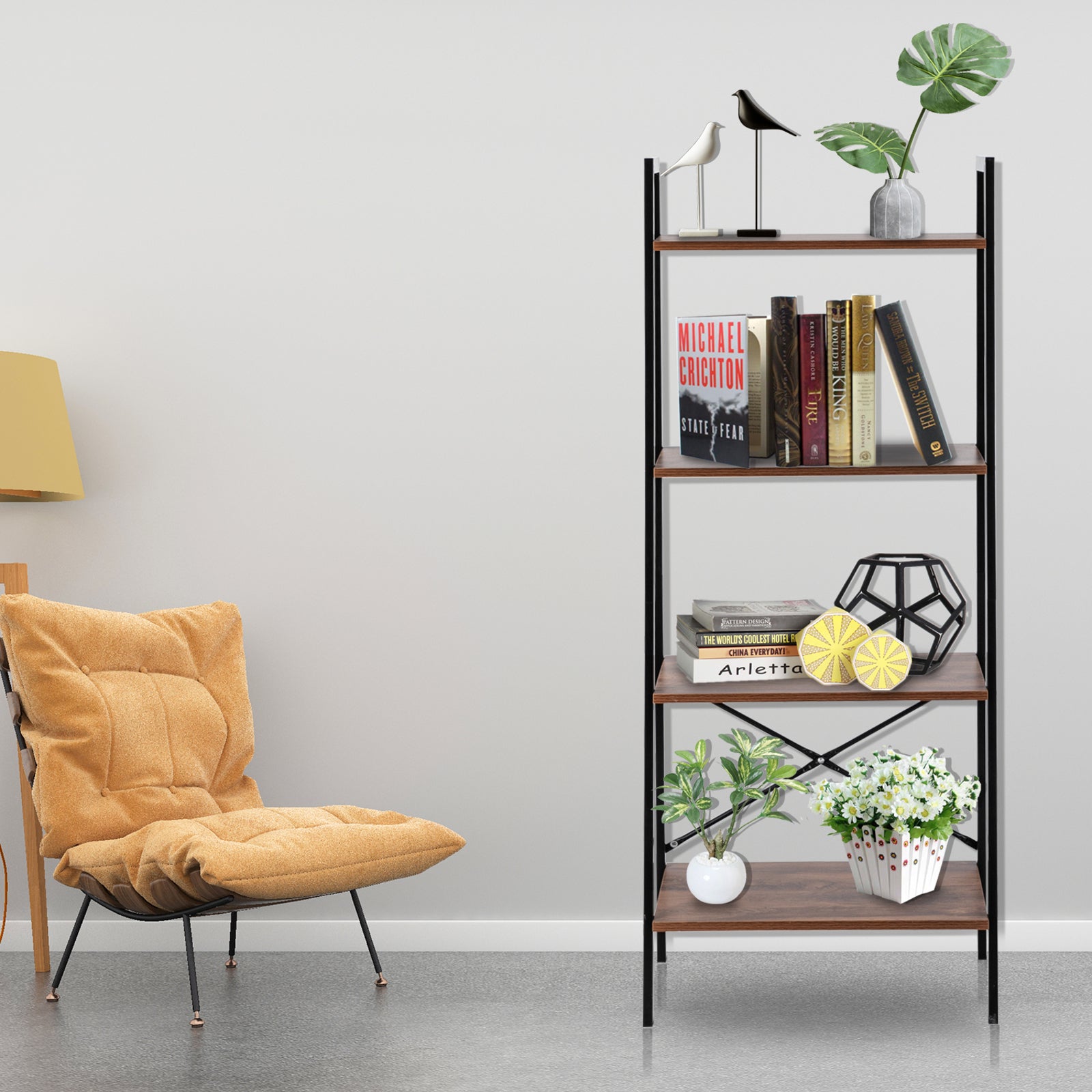 HAOYYE Simple and Modern Four-Tier Steel Wood Bookshelf, Open Storage Display Shelf with Sturdy Metal Frame and Wooden Boards, Space-Saving Freestanding Bookcase for Living Room Office Bedroom Apartment, Minimalist Industrial Style