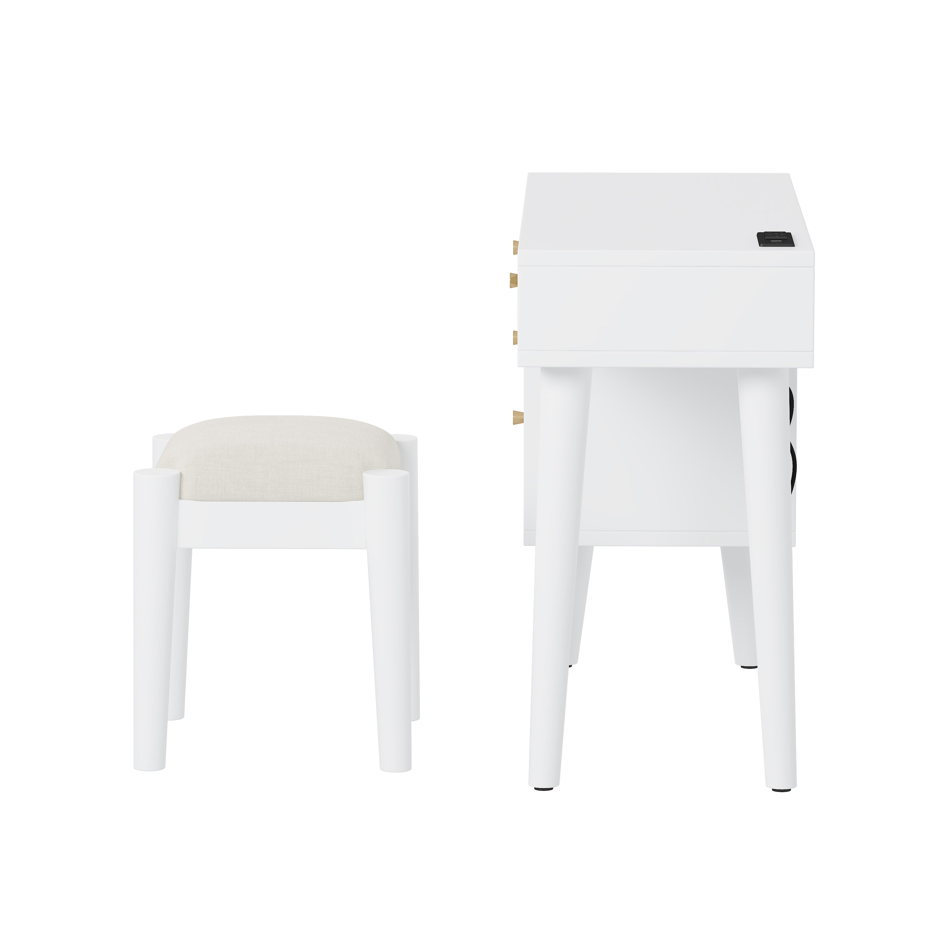 HAOYYE 39" Retro Bohemian Style Wooden Makeup Vanity Set with Charging Plug&USB Port and Stool, Dressing Table with 3 Storage Drawers and 1 Rectangular Rattan Drawer, White