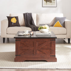 HAOYYE Farmhouse Coffee Table With Hidden Storage, Square Wood Cocktail Table With Hinged Lift Top, Rustic Barn Style Center Table For Living Room, Oak Finish