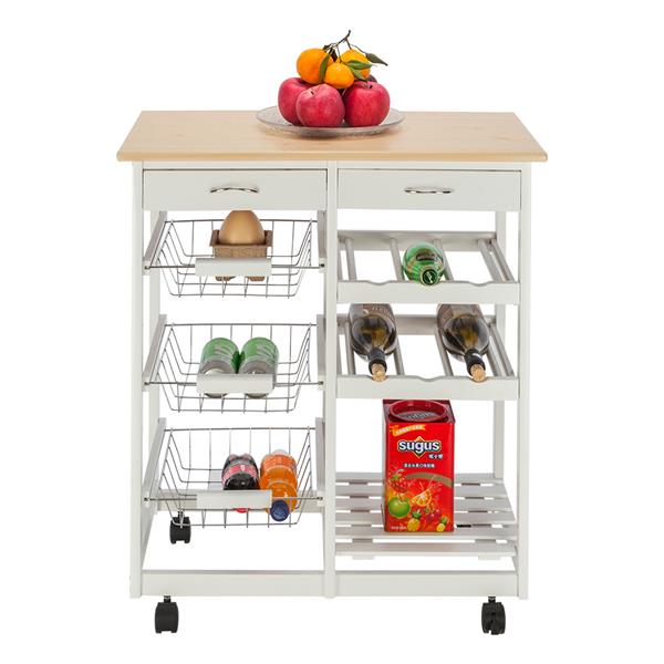HAOYYE Moveable Kitchen Island Cart with Two Drawers, Three Metal Baskets, and Two Wine Racks, Sturdy Durable Rolling Storage Cart with White Pine Frame, Easy Assembly, Space-Saving, Ideal for Home Kitchens or Dining Rooms
