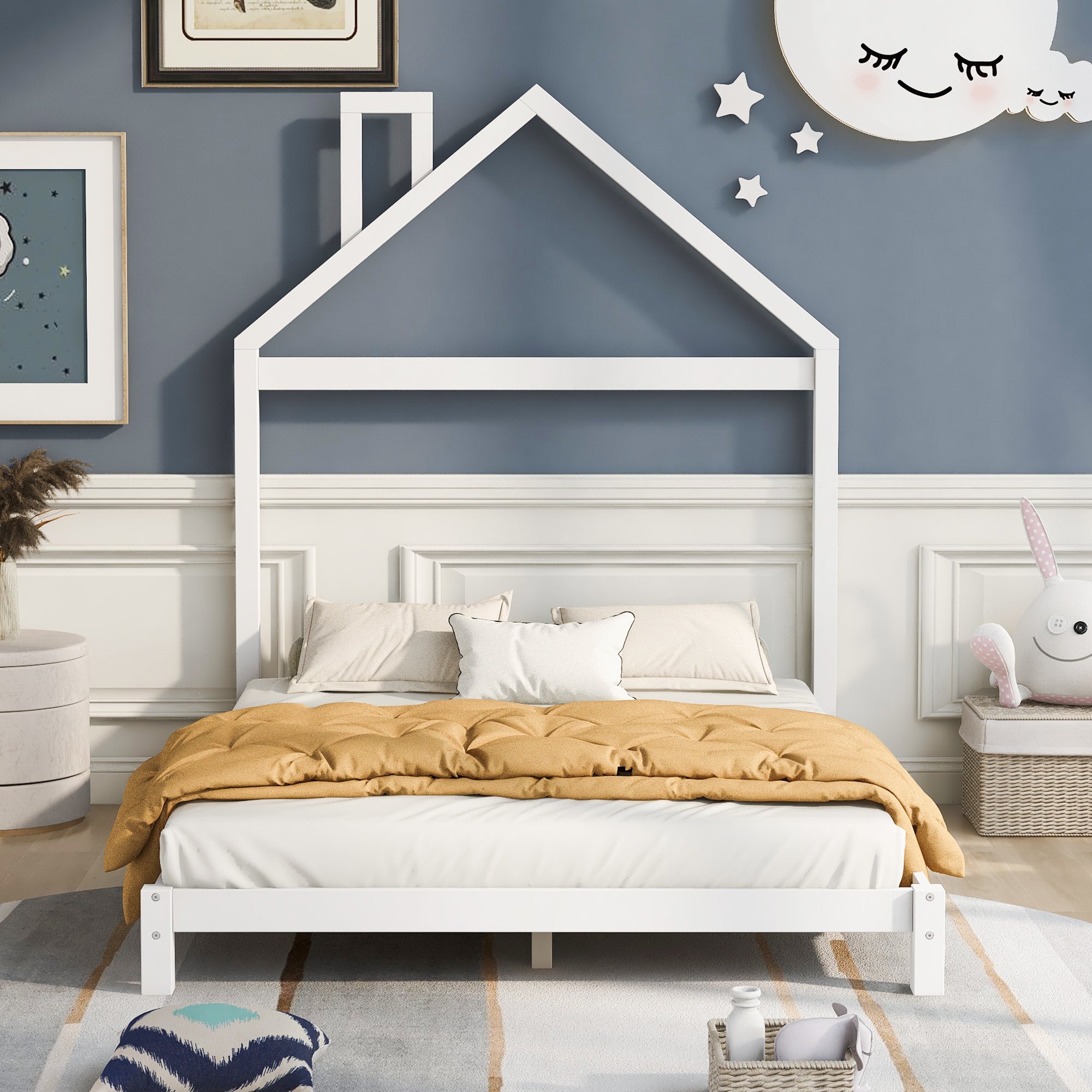 HAOYYE Full Size Wood Platform Bed with House-shaped Headboard (White) Sturdy Space-Saving Heavy Duty Modern Design Easy Assembly Durable Stylish Home Furniture Versatile