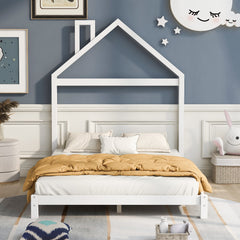 HAOYYE Full Size Wood Platform Bed with House-shaped Headboard (White) Sturdy Space-Saving Heavy Duty Modern Design Easy Assembly Durable Stylish Home Furniture Versatile