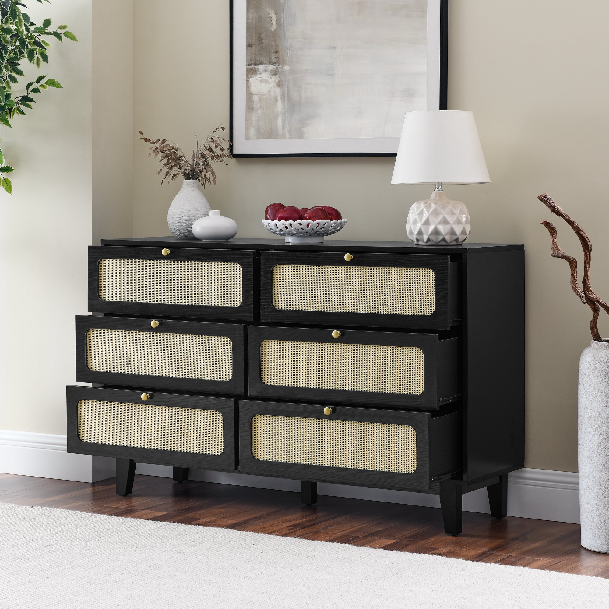 HAOYYE Wooden Antique Dresser with Drawers, Six-Drawer Storage Cabinet for Bedroom, Living Room, Corridor, Sturdy Space-Saving Heavy Duty Modern Design