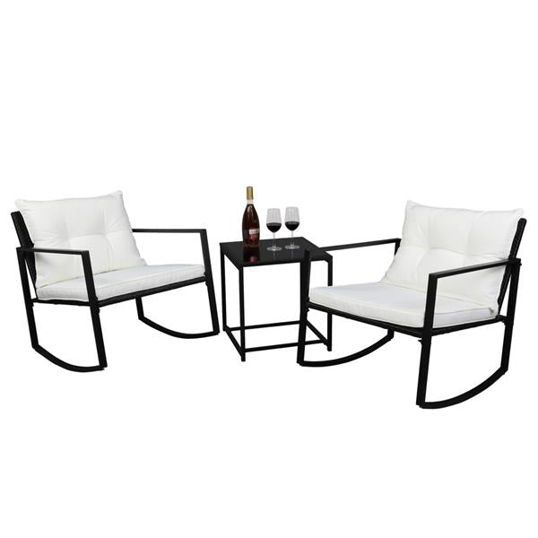 HAOYYE 3 Piece Outdoor Rocking Chair Set with Coffee Table, Black PE Rattan Patio Furniture with Tempered Glass Top and Beige Cushions, Weather Resistant Wicker Conversation Set for Balcony Garden Deck Porch