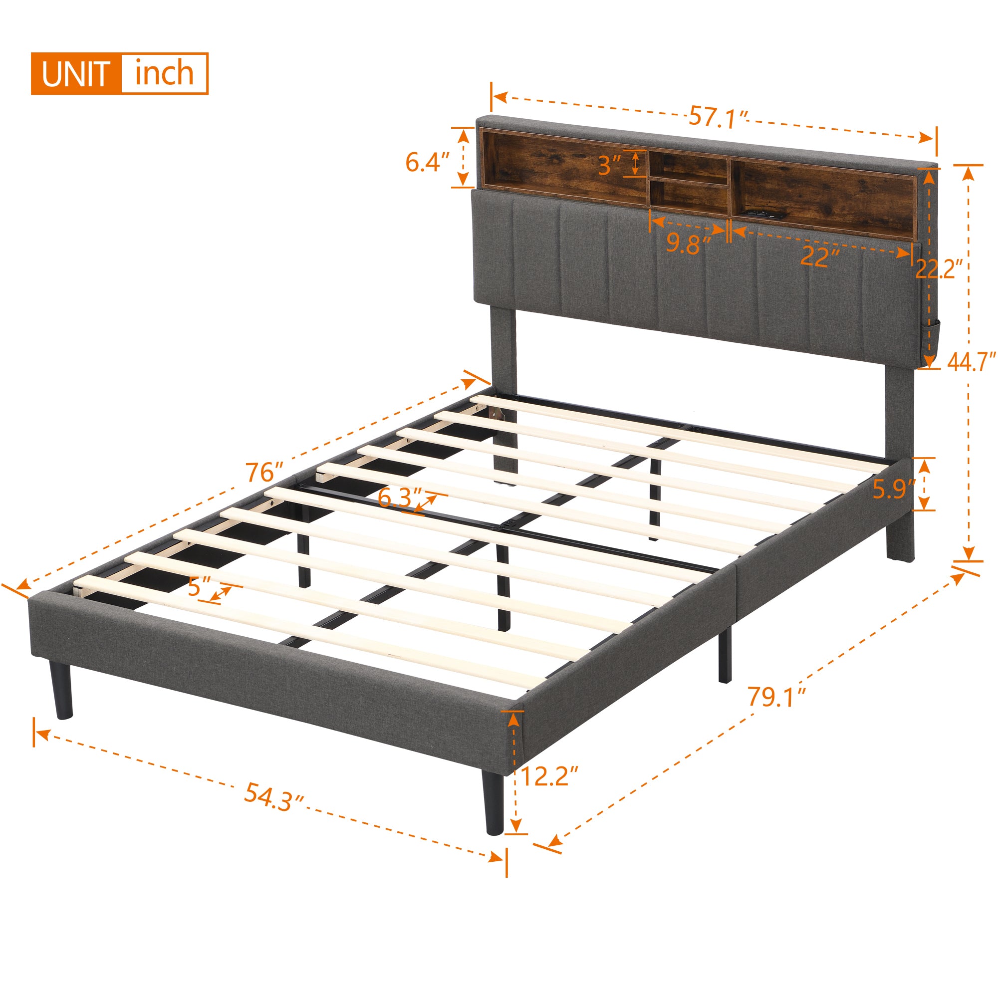 HAOYYE Full size Upholstered Platform Bed with Storage Headboard and USB Port, Linen Fabric Upholstered Bed (Gray) Sturdy Space-Saving Heavy Duty Modern Design Easy Assembly Durable Stylish Home Furniture