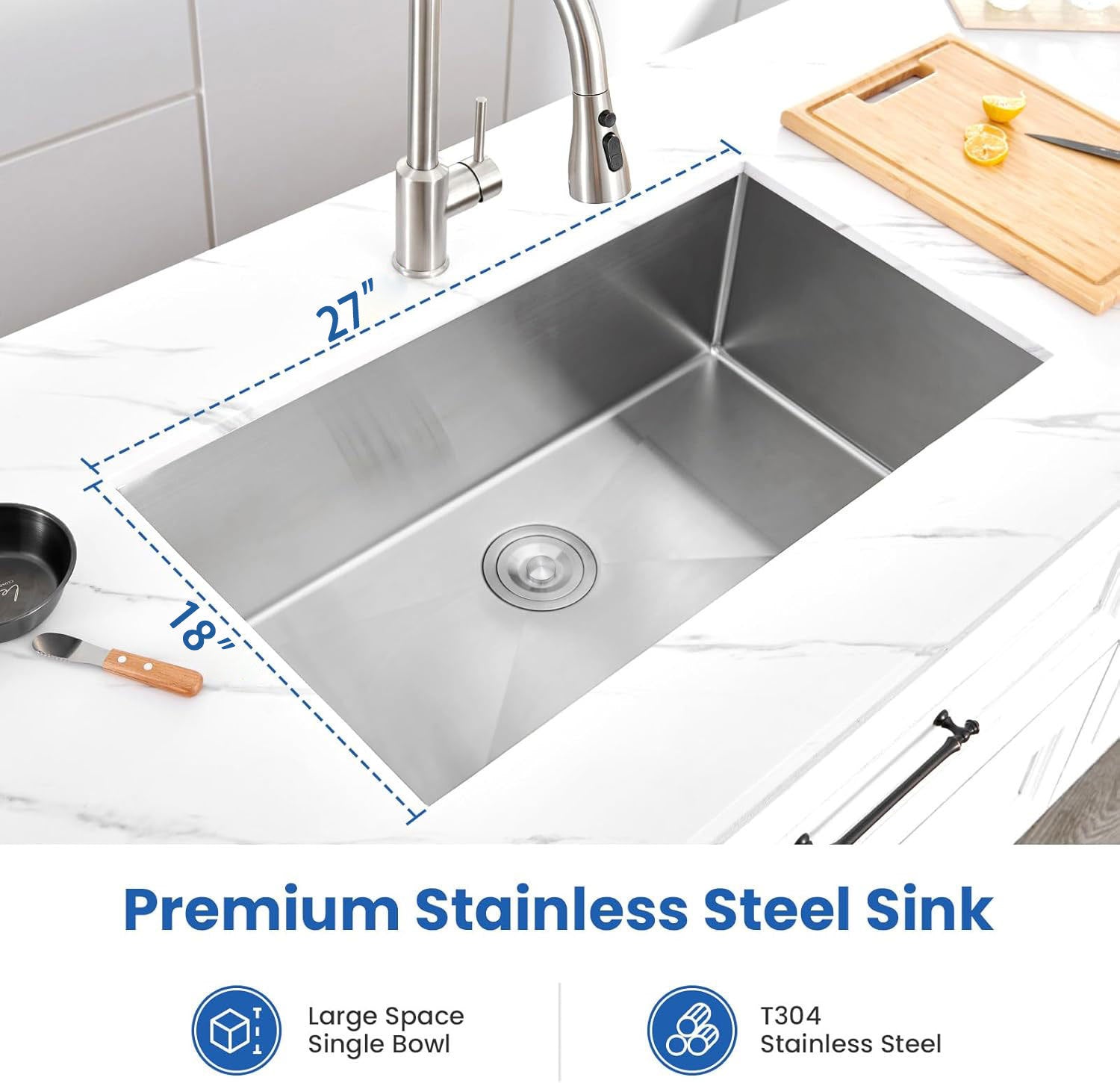 HAOYYE 27" L X 18" W Undermount Single Bowl 16 Gauge 304 Stainless Steel Kitchen Sink (Sink Only) Sturdy Space-Saving Heavy Duty Modern Design Adults Dorm Room Easy Assembly Bedroom Furniture