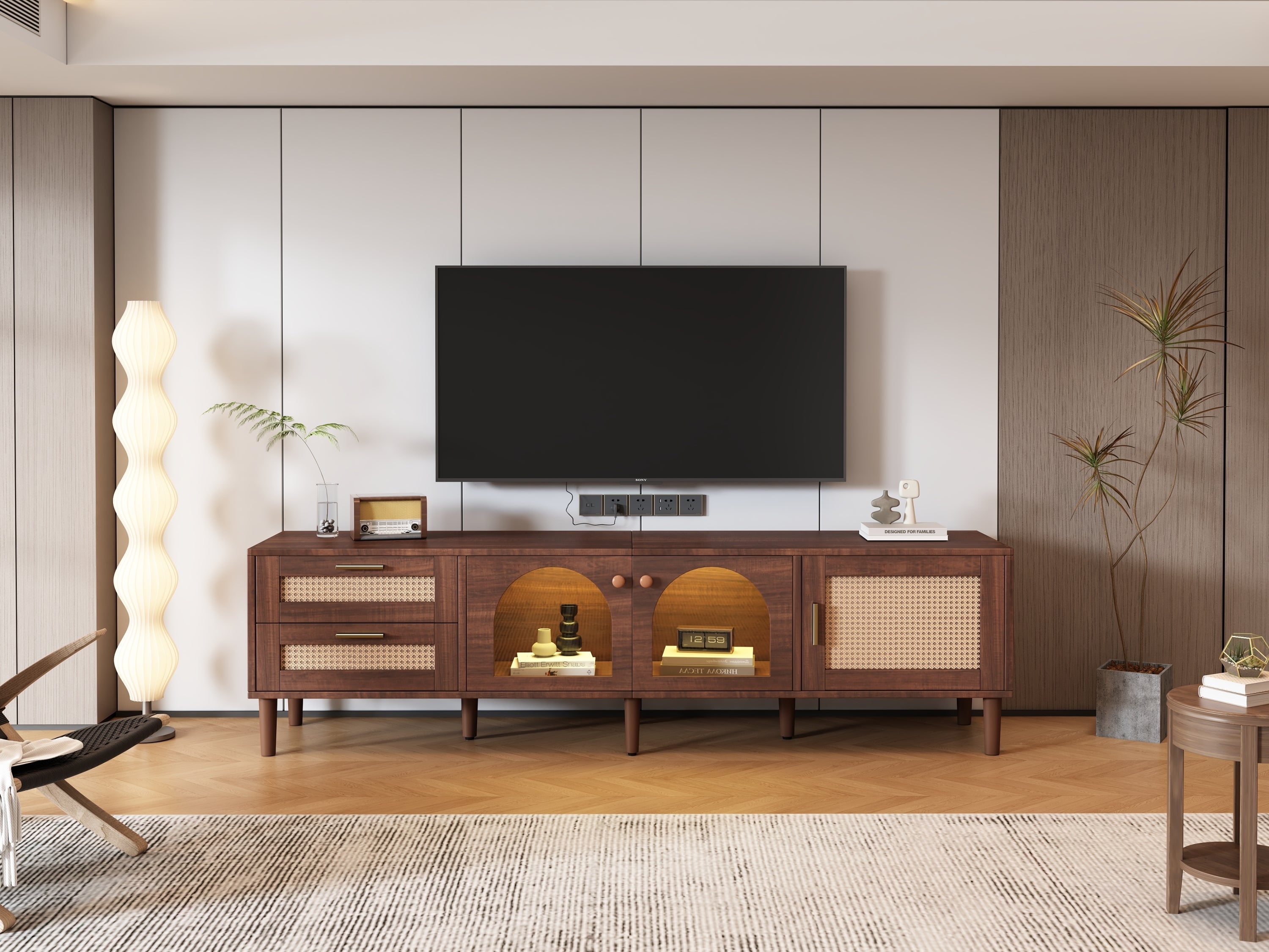HAOYYE Rattan TV Stand with 3 Cabinets & 2 Drawers, Rattan-Inspired Media Console Table for TVs up to 80", LED Light Entertainment Center, TV Cabinet for Living Room, Bedroom, Home Theater, Sturdy Heavy Duty Construction