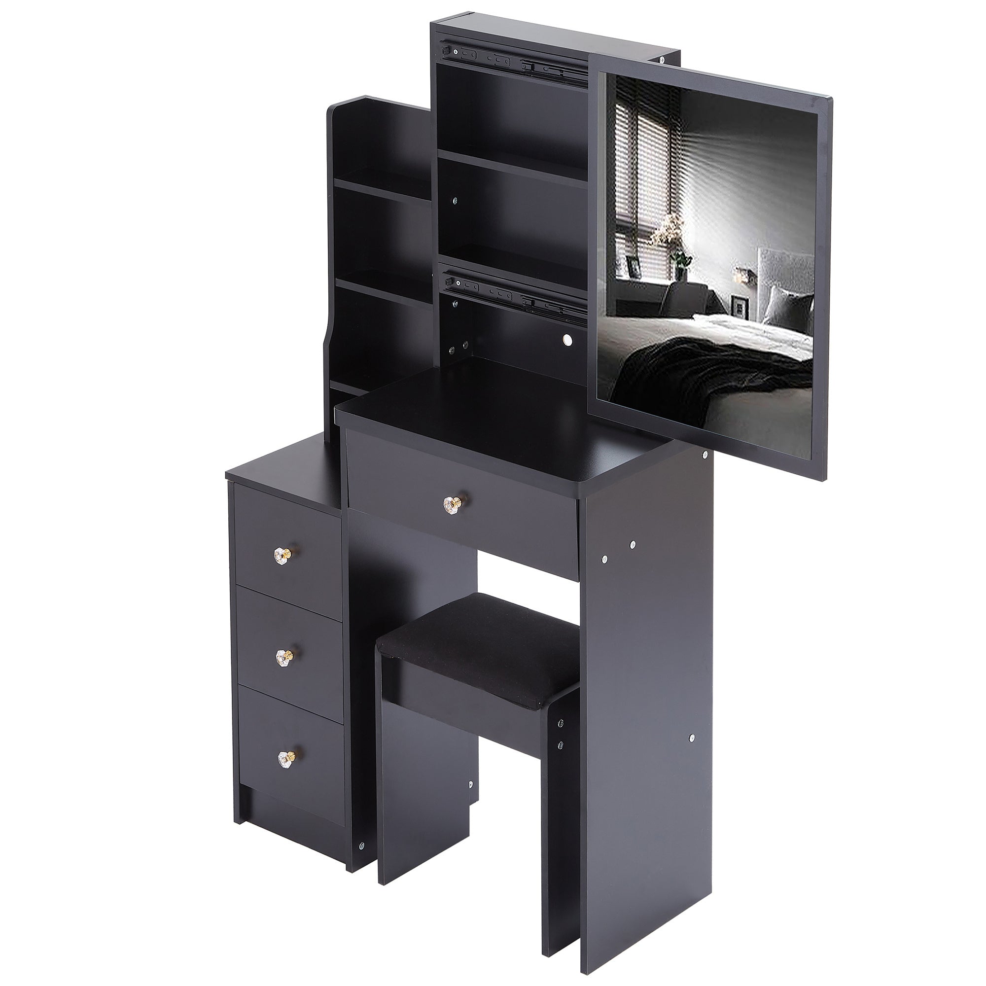 HAOYYE Small Size Left Bedside Cabinet Vanity Table + Cushioned Stool, Extra Large Sliding Mirror, Multi Layer, High Capacity Storage Fashionable Dresser, Suitable for Small Space, EPA,GCC,UL Certificate