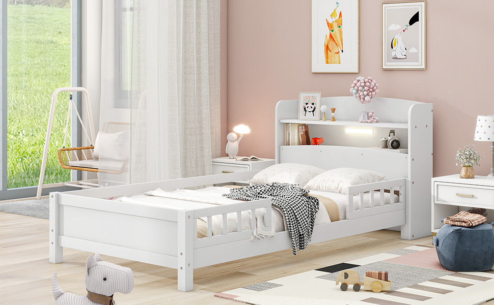 HAOYYE Wood Twin Size Platform Bed with Built-in LED Light, Storage Headboard and Guardrail, White Sturdy Space-Saving Heavy Duty Modern Design Adults Dorm Room Easy Assembly Bedroom Furniture