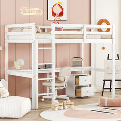 HAOYYE Twin Loft Wood Bed with Under-Bed Built-In Desk and Two-Drawer Storage Cabinet, Guardrails, and Ladder, White Sturdy Space-Saving Design, Heavy Duty Construction, Easy Assembly, Durable Stylish Home Furniture