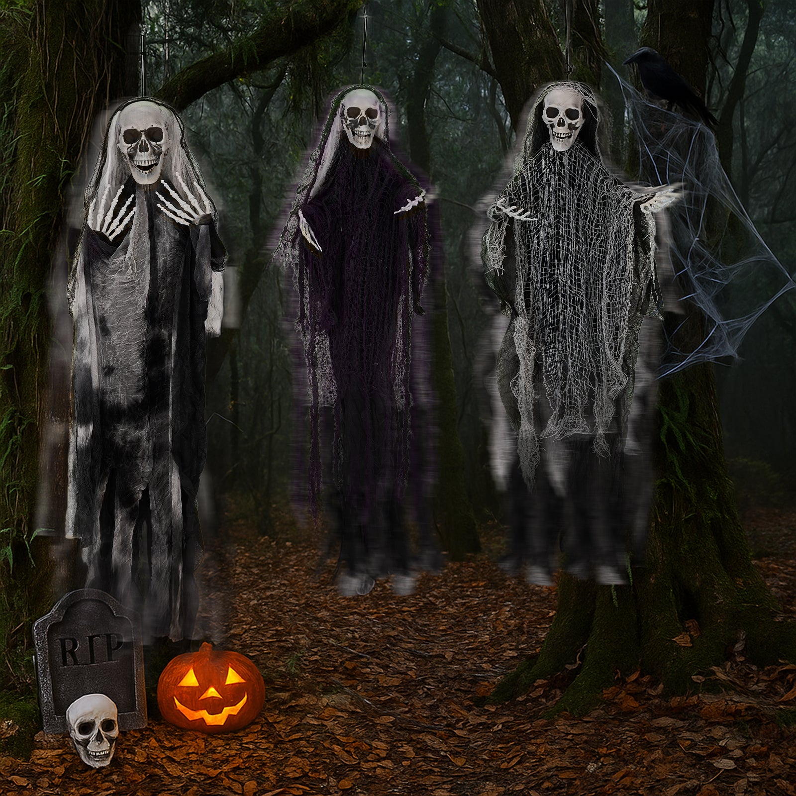 HAOYYE Halloween Hanging Skeleton Ghost Decorations 3-Pack Set Grim Reapers with Adjustable Arms for Spooky Outdoor and Indoor Halloween Party Decor Durable Plastic and Fabric