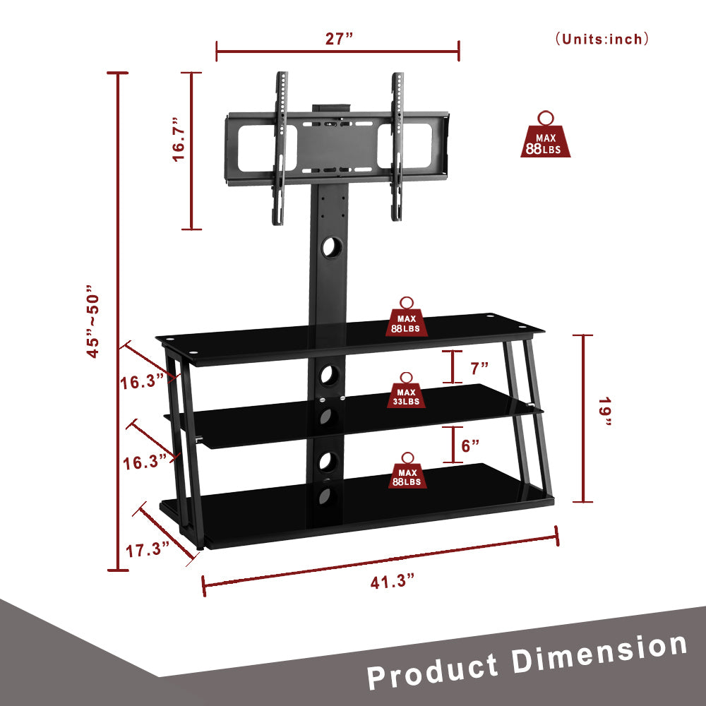 HAOYYE Black Multi-Function Angle And Height Adjustable Tempered Glass TV Stand Sturdy Space-Saving Heavy Duty Modern Design Easy Assembly Durable Stylish Home Furniture Versatile