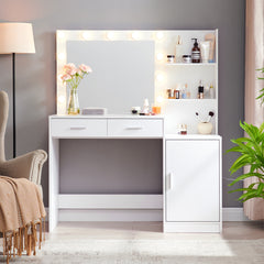 HAOYYE Vanity Desk with Mirror and Lights, 46.4IN Dressing Table with 2 Large Drawer&Large Vertical Organizer, 3 Level Dresser & 3 Lighting Modes Adjustable Brightness, Suitable for Bedroom(White)