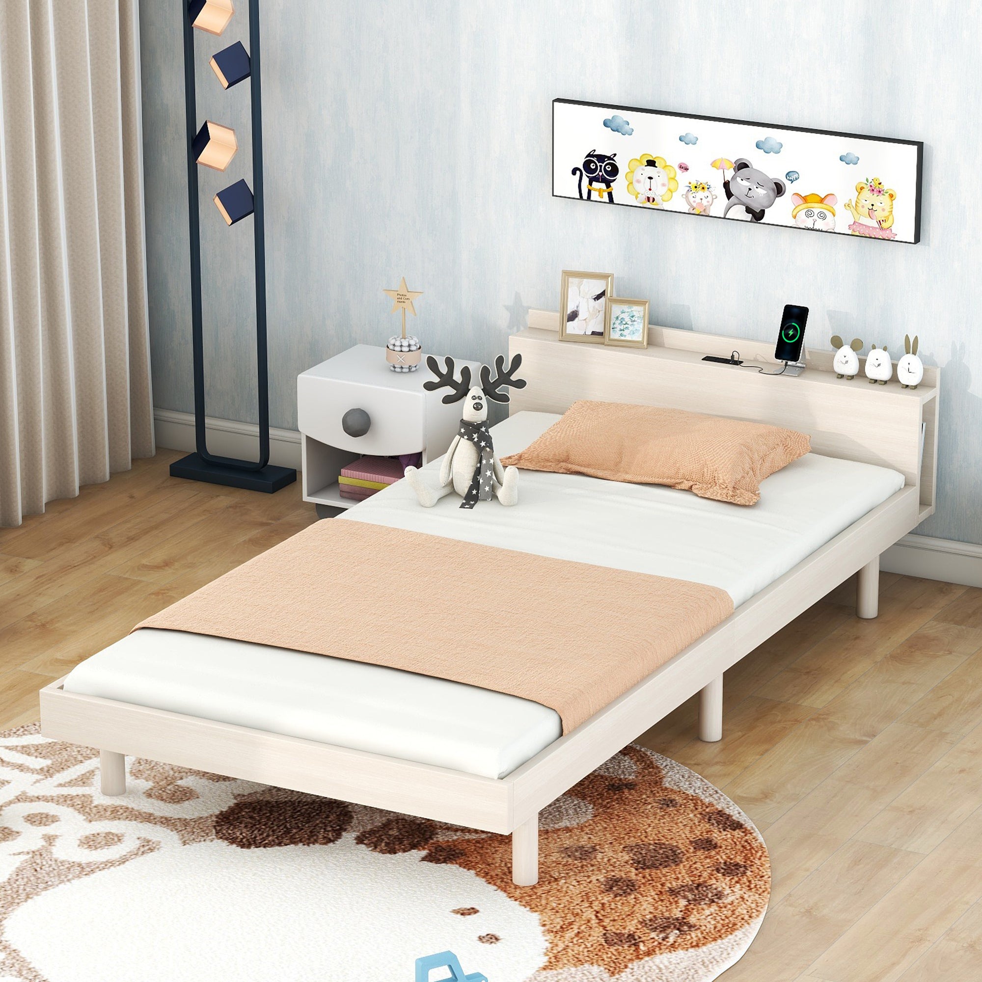 HAOYYE Modern Design Twin Size Platform Bed Frame with Built-in USB Ports for White Washed Color Sturdy Space-Saving Heavy Duty Adults Dorm Room Easy Assembly Bedroom Furniture