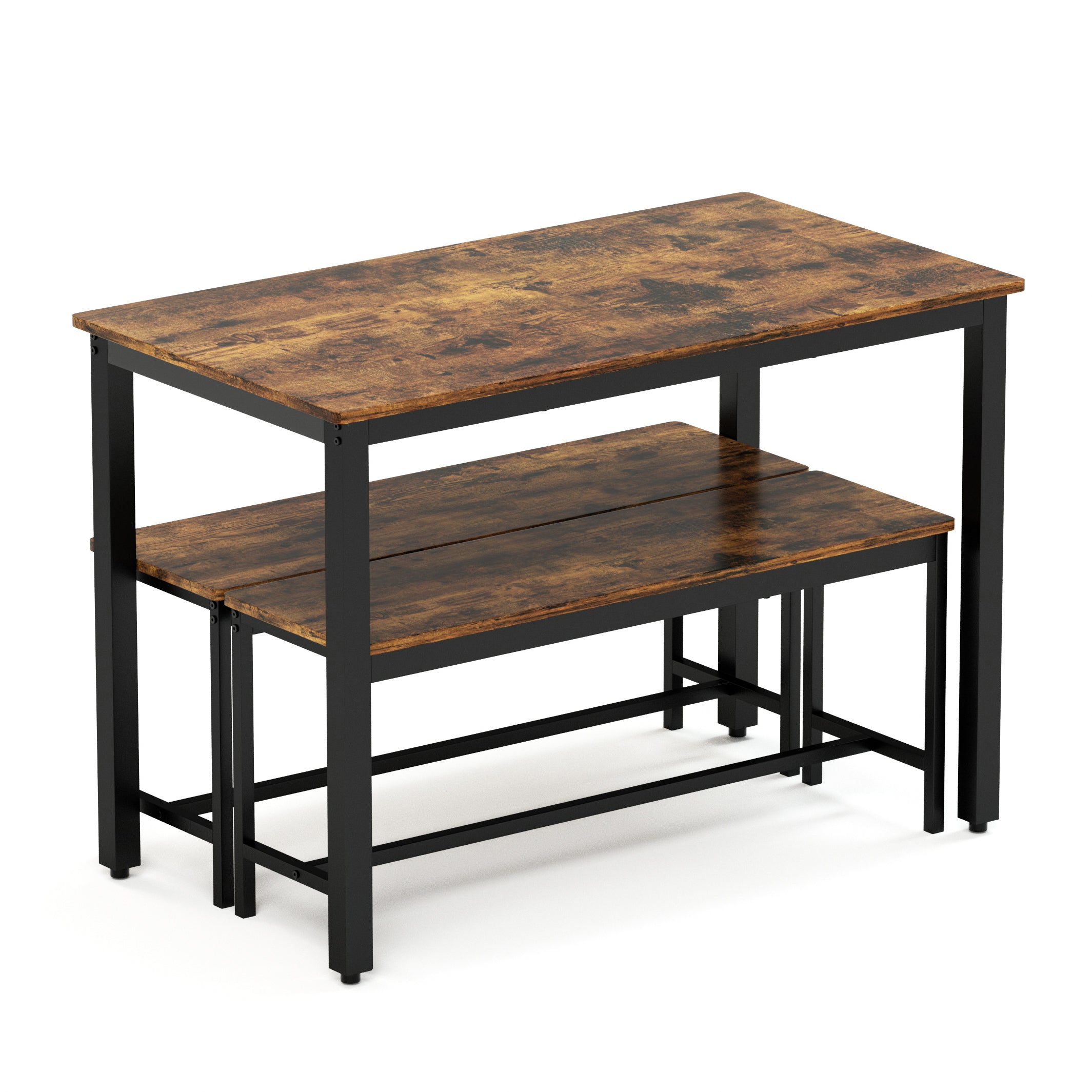 HAOYYE Dining Table Set with 2 Benches, Industrial Bar Table with Chairs for Kitchen, Breakfast Nook, Living Room, Party Room, Rustic Brown & Black, Sturdy Space-Saving Design for Small Spaces, Modern Home Furniture