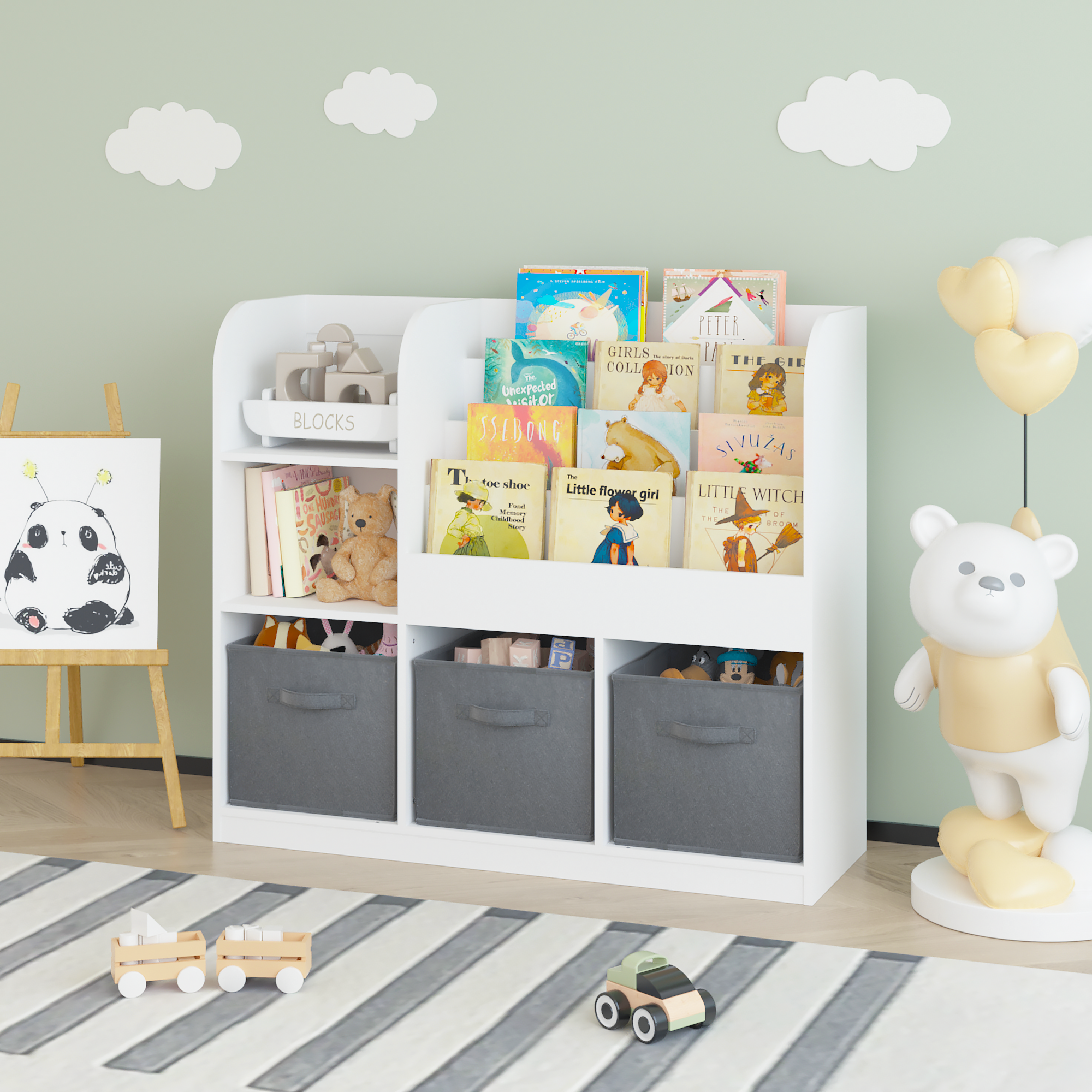 HAOYYE Bookcase and Bookshelf, Multifunctional Display Stand With 3 Collapsible Fabric Drawers, Toy Storage Organizer for Bedroom, Playroom, or Hallway, White/Gray, Sturdy Space-Saving Design