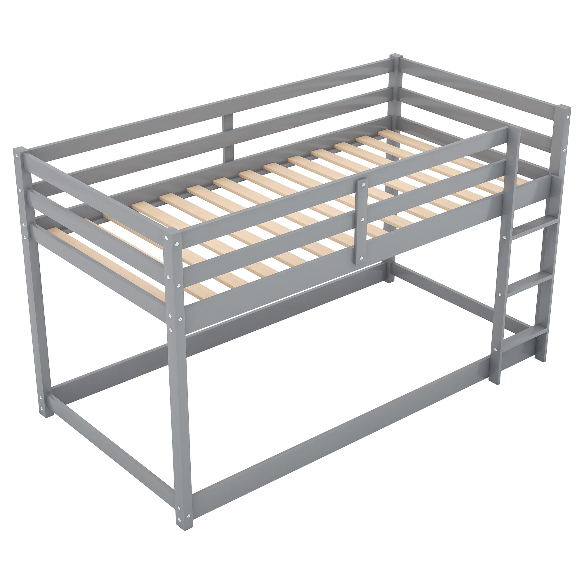 HAOYYE Twin over Twin Floor Bunk Bed with Ladder , Gray(Old SKU:WF281727AAE/WF286602AAE) Sturdy Space-Saving Heavy Duty Modern Design Easy Assembly Durable Stylish Home Furniture Versatile