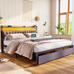 HAOYYE King Bed Frame with Storage Headboard, Drawers, LED Lighting, and Built-in Charging Station, Modern Upholstered Platform Design, Sturdy Space-Saving Grey Construction, No Box Spring Needed, Easy Assembly