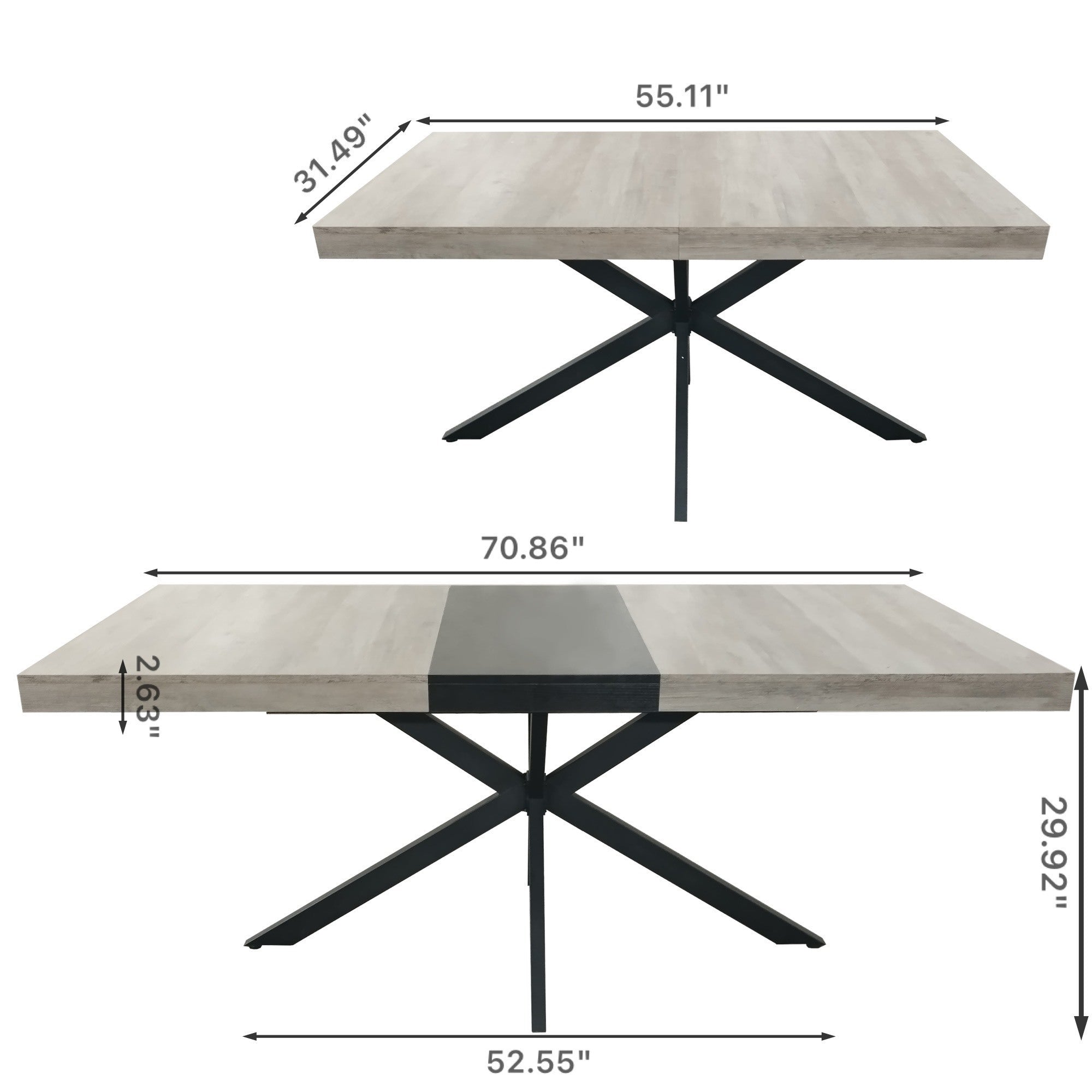HAOYYE Retro Rectangular Extendable Dining Table, Gray Carole Top with Black Embossed Center Plate, Sturdy Black Cross Iron Base, Modern Dining Table with Built-in Storage Box, Space-Saving Design for Dining Room, Kitchen, and Apartment, Easy Assembly
