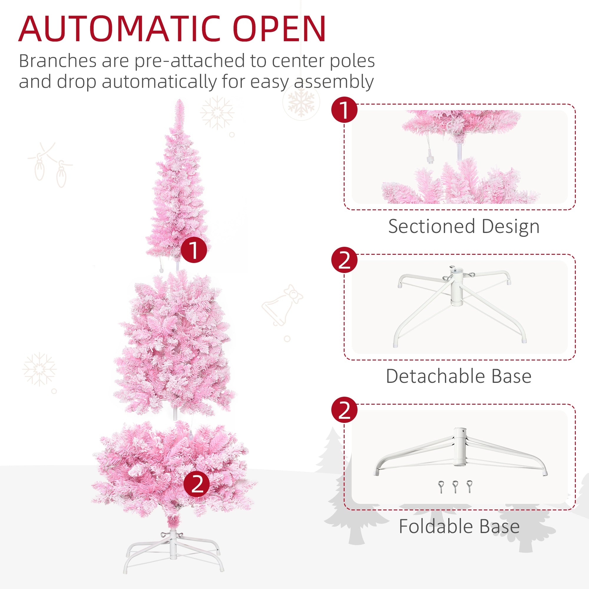 HAOYYE 6ft Prelit Snow Flocked Artificial Christmas Tree with Pencil Shape, Pine Realistic Branches, Warm White LED lights, Auto Open, Pink and White Sturdy Space-Saving Heavy Duty Modern Design