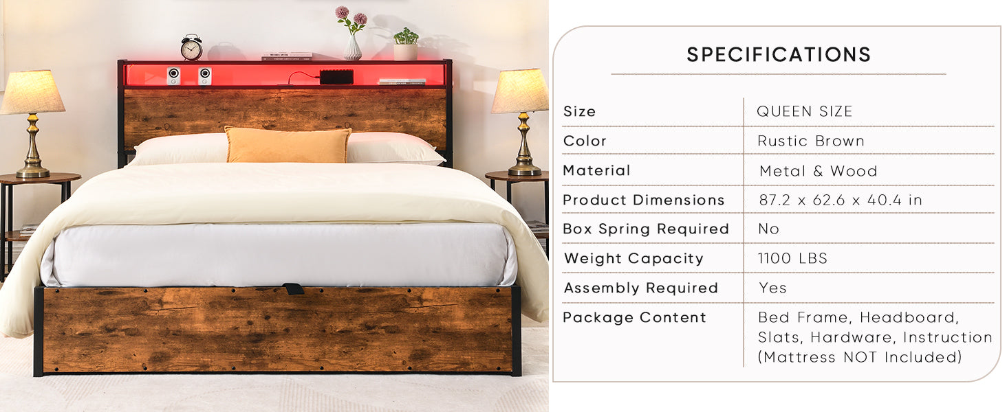 HAOYYE Lift-up Storage Bed Frame, Queen Size Bed Frame with Bookcase Headboard & LED Lights, Wooden Platform Bed Frame with Charging Station, No Spring Box Needed, Rustic Brown Sturdy Space-Saving Heavy Duty