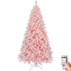 HAOYYE Snowy Pink Pre-Lit Christmas Tree 7 FT Hinged Artificial Pine Tree with 1000 Branch Tips 400 LED Lights Remote Control Holiday Decoration for Home Office Party Lifelike PVC Branches Sturdy Metal Stand