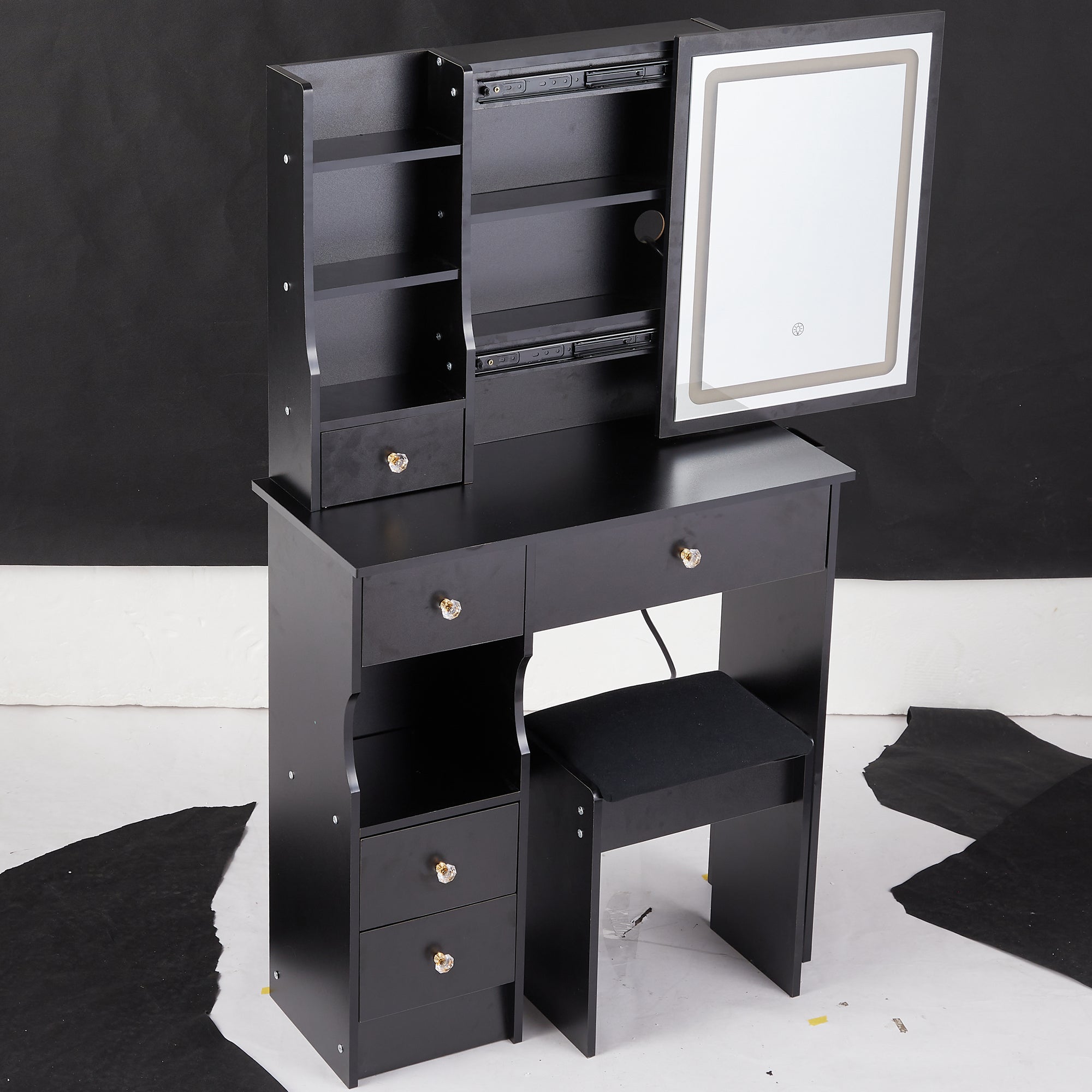 HAOYYE Compact Vanity Desk with Left Drawer, Cushioned Stool, Sliding Touch LED Mirror, Tri-Color Lighting, Adjustable Brightness, Multi-Layer Storage, EPA GCC UL Certified for Small Spaces