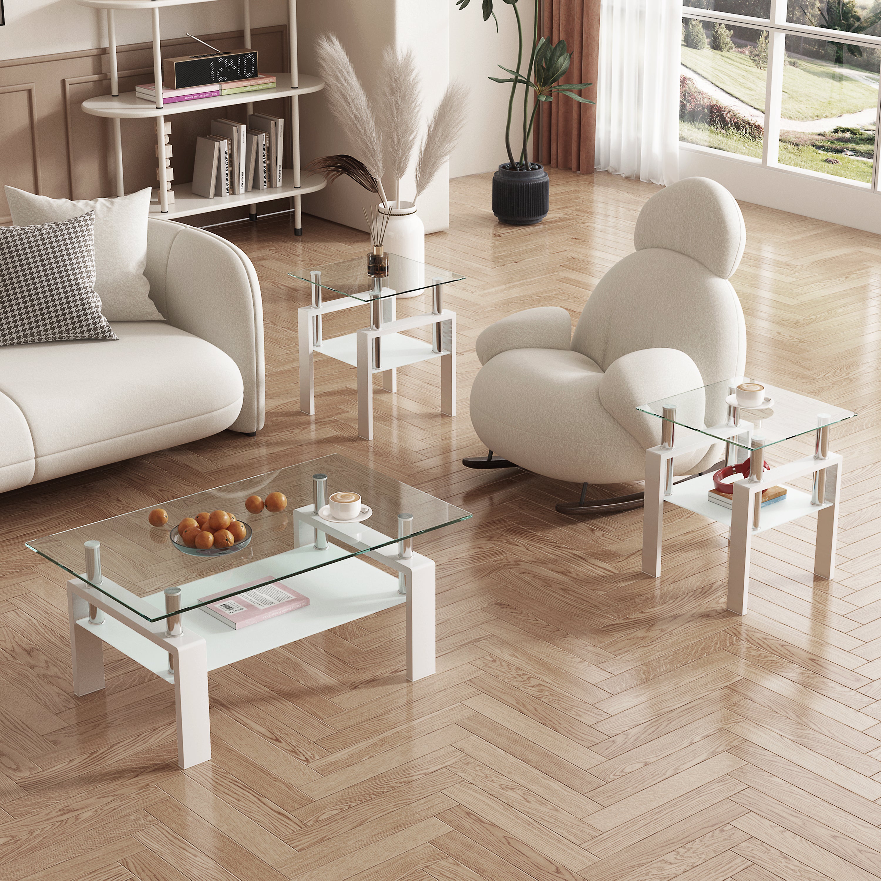 Haoyye Set of 2 Modern Tempered Glass Coffee and Tea Tables, Square Transparent and White Side Tables for Living Room, Sturdy Heavy Duty Space-Saving Design, Easy Assembly for Adults and Dorm Rooms