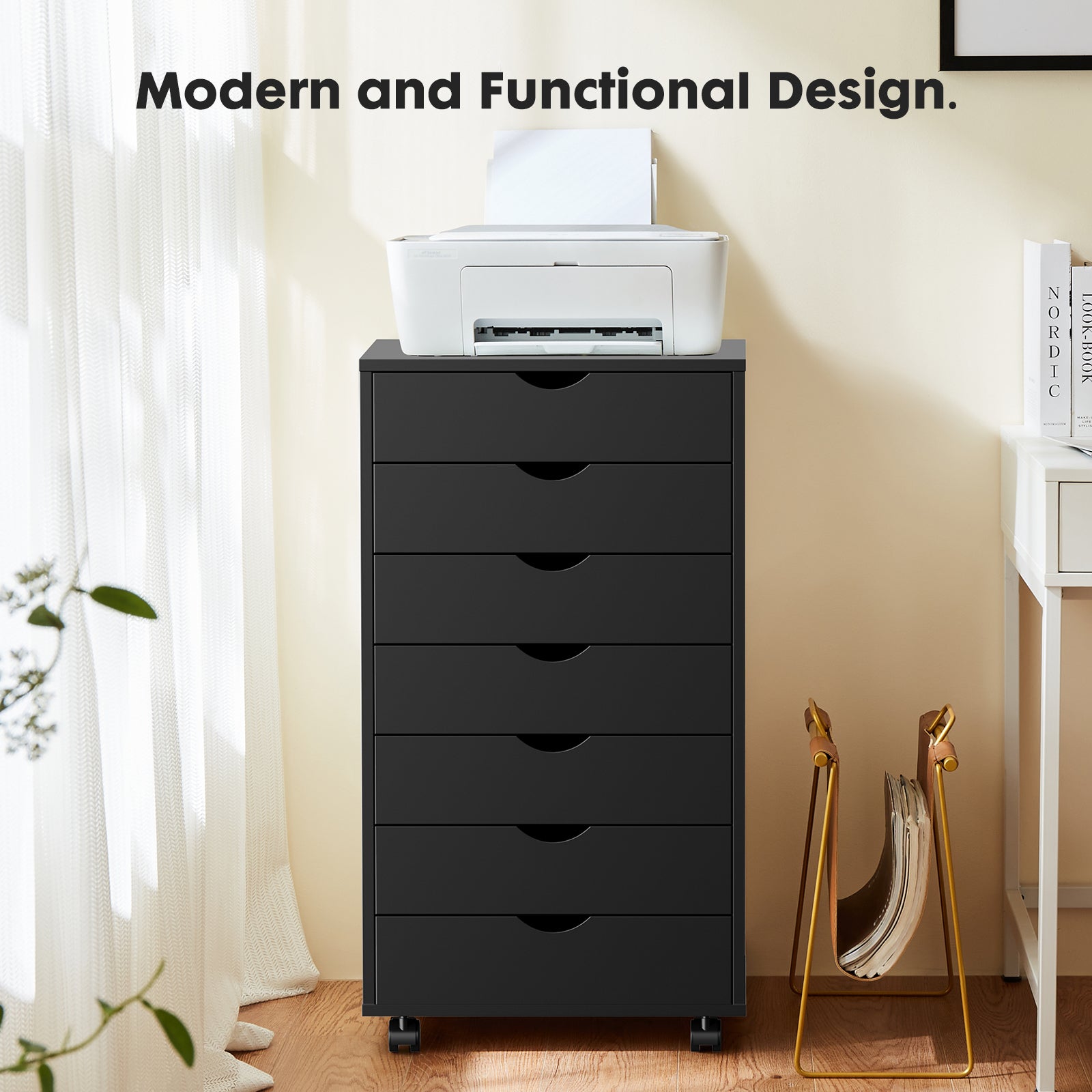 HAOYYE 7-Drawer Chest with Wheels, Modern Mobile Storage Cabinet Dresser, Heavy-Duty Wooden Organizer for Office, Bedroom, Dorm Room, Space-Saving Design for Adults