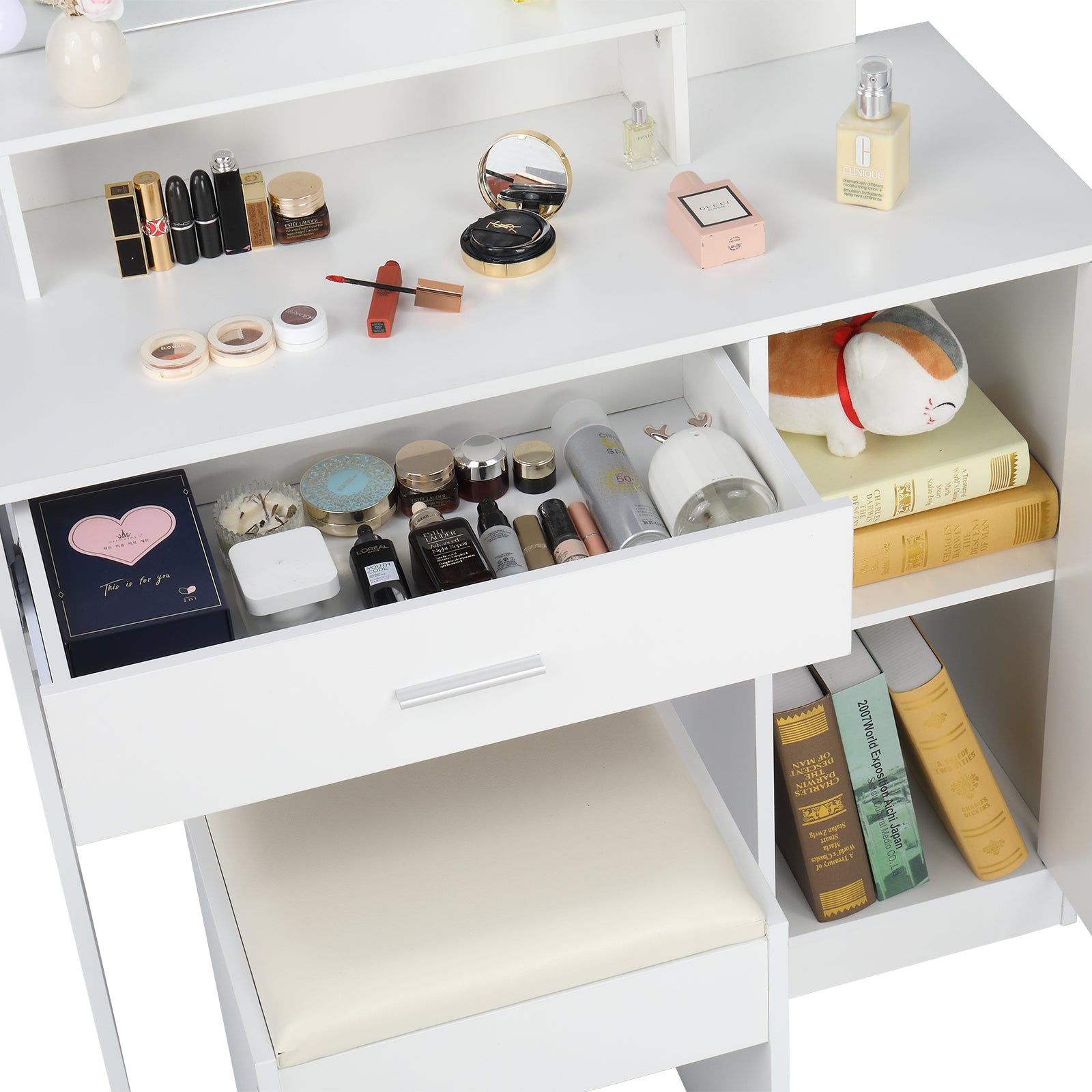HAOYYE Large Vanity Set with LED Bulbs Makeup Table, Cushioned Stool, Multiple Storage Shelves, Drawer and Cabinet, Elegant Dressing Table Desk for Bedroom and Personal Use